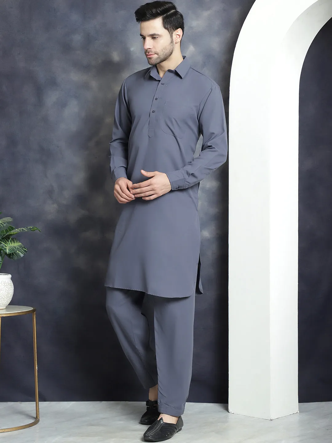 Men'S Solid Pathani Kurta With Salwar