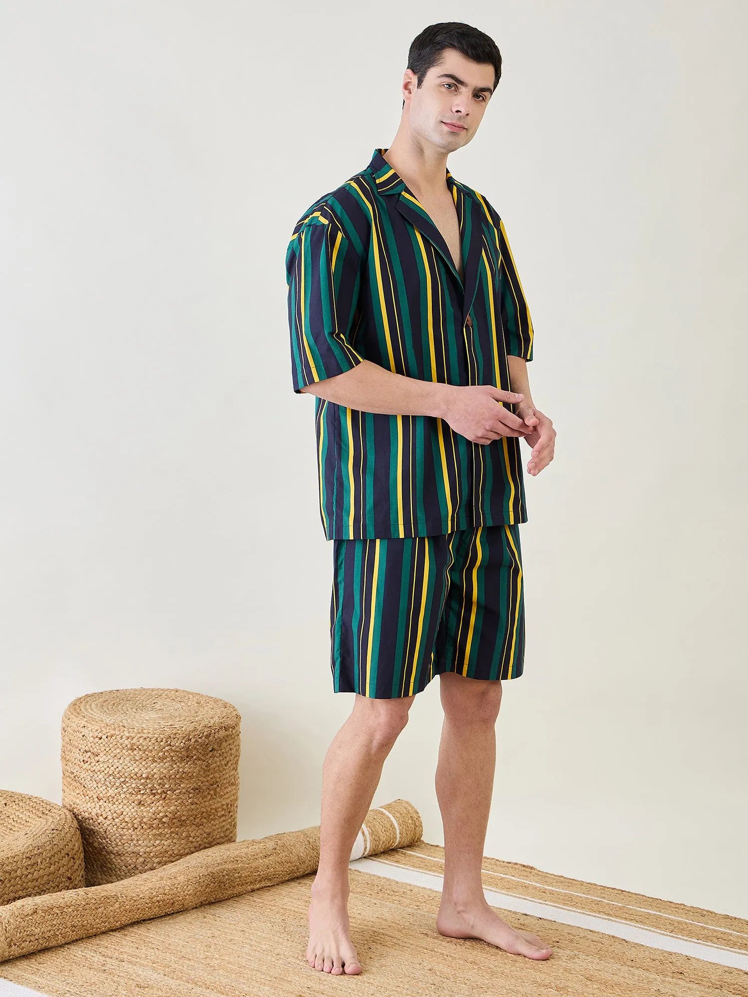 Mens Striped Collar Shirt and Shorts Set