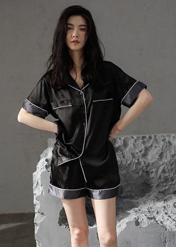 Modern Black Peter Pan Collar Patchwork Ice Silk Couple Pajamas Two Pieces Set Summer LY2846