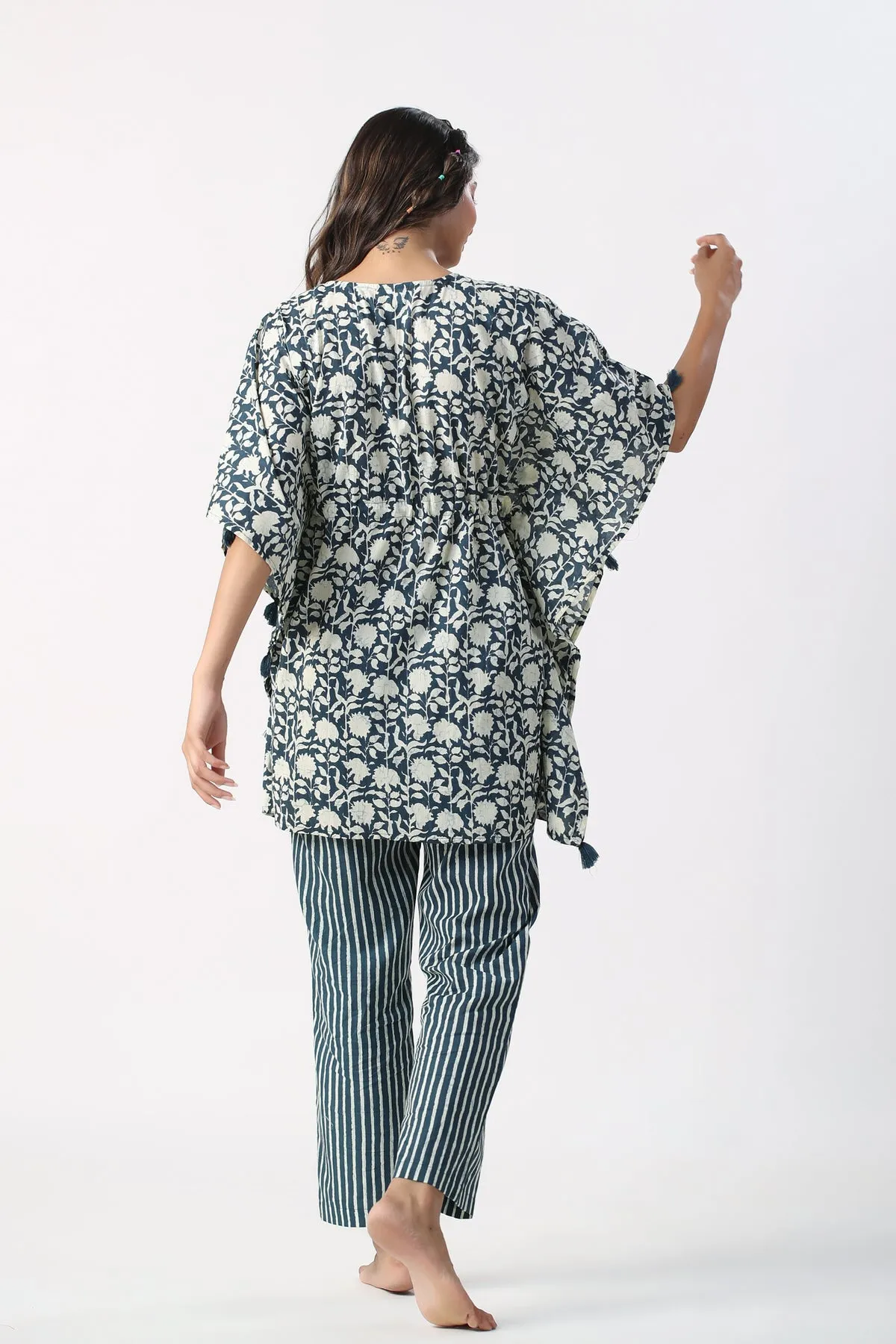 Monochrome blue Jaal with Stripes Cotton Kaftan Pajama set