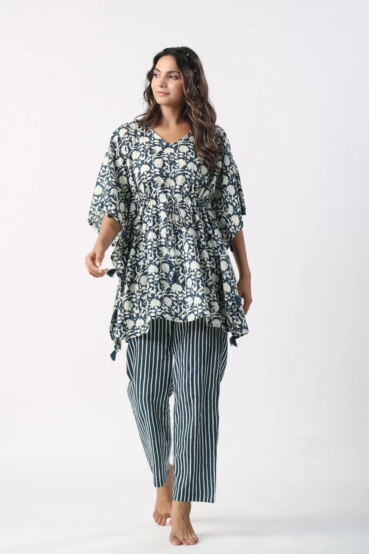 Monochrome blue Jaal with Stripes Cotton Kaftan Pajama set