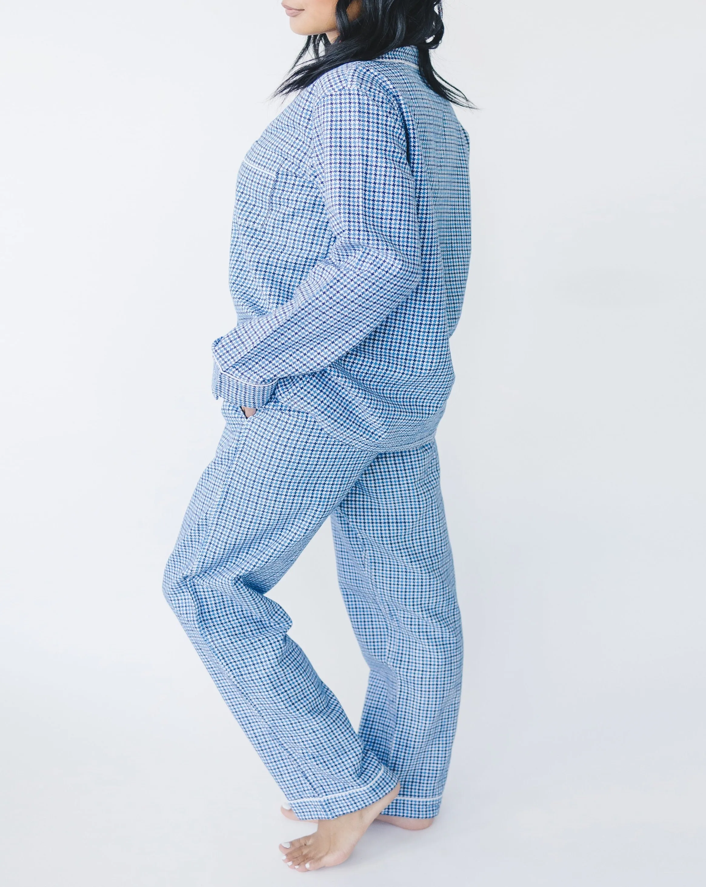 Myra Blue Houndstooth Women's Long Sleeve Shirt & Pajama Set