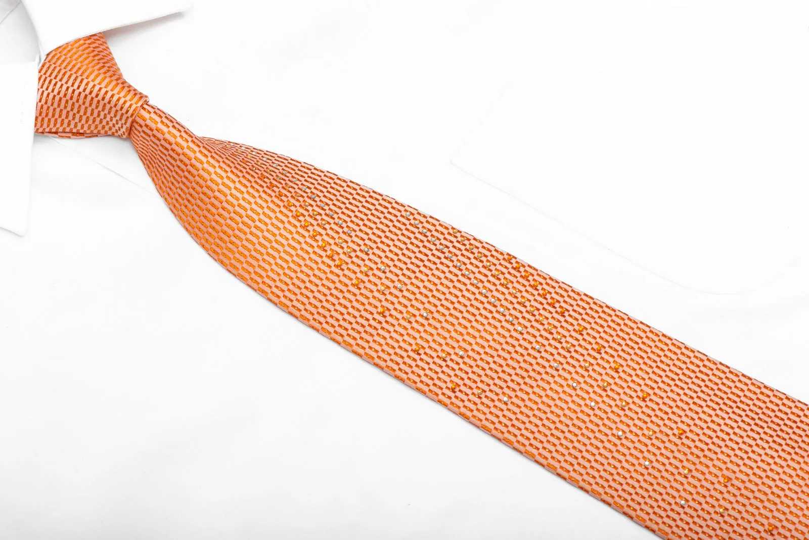 Orange Geometric On Peach Rhinestone Silk Necktie With Gold Sparkles