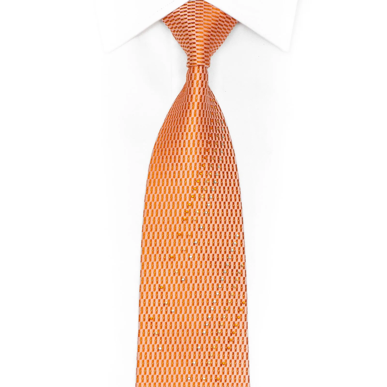 Orange Geometric On Peach Rhinestone Silk Necktie With Gold Sparkles