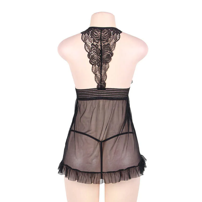 Oversized Two-Piece Lace Halter Sexy See-through Nightdress