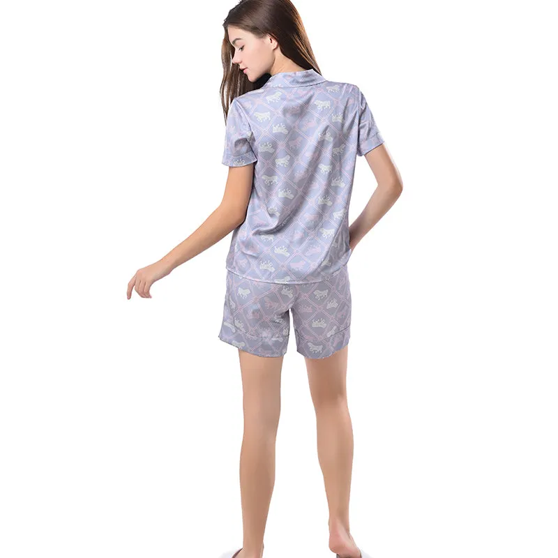 Pajamas Short Set Sleepwear Soft and Comfy Button Down Purple Horse Printed