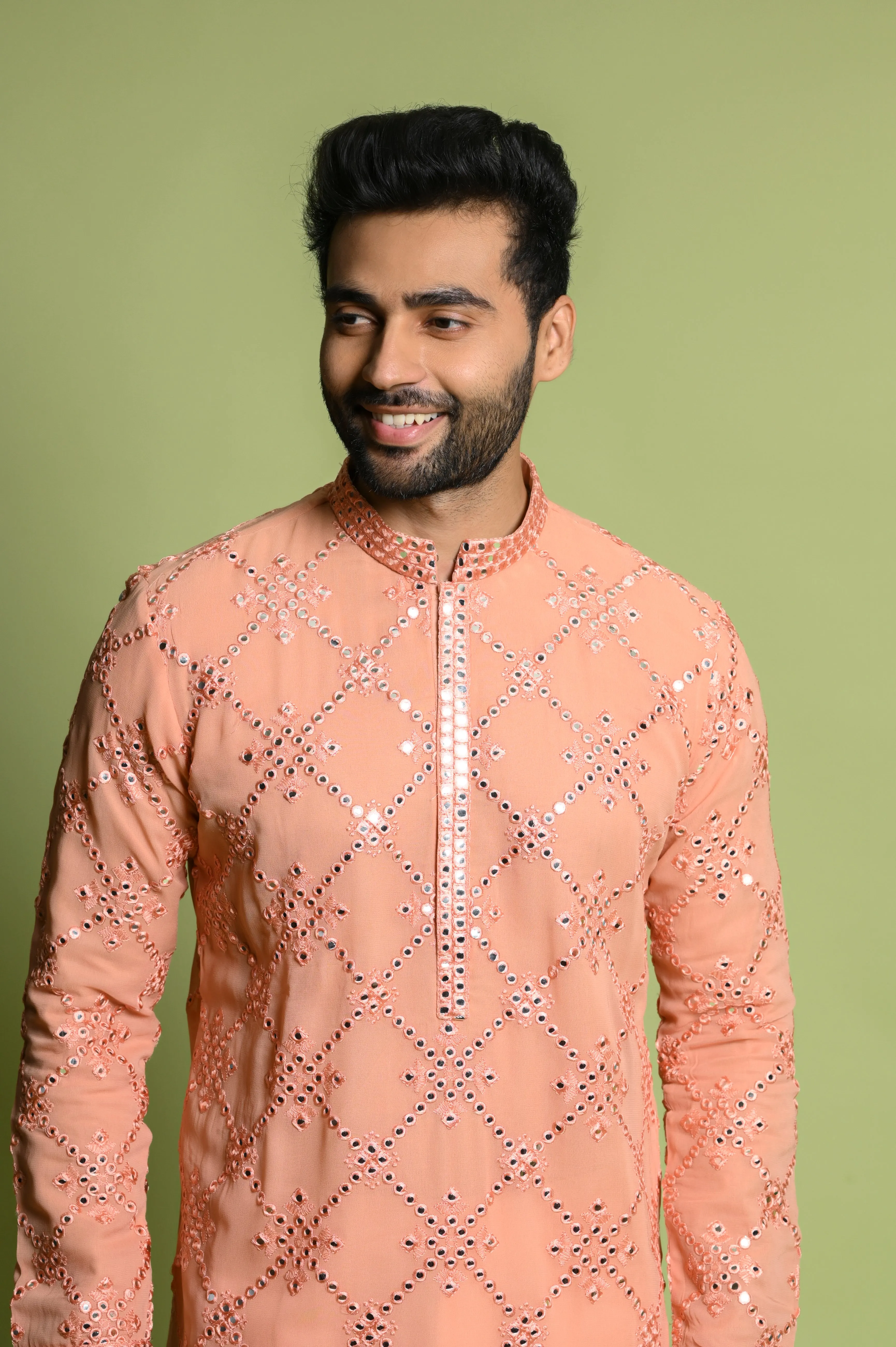 Peach Chiffon Kurta Set in Mirror Work