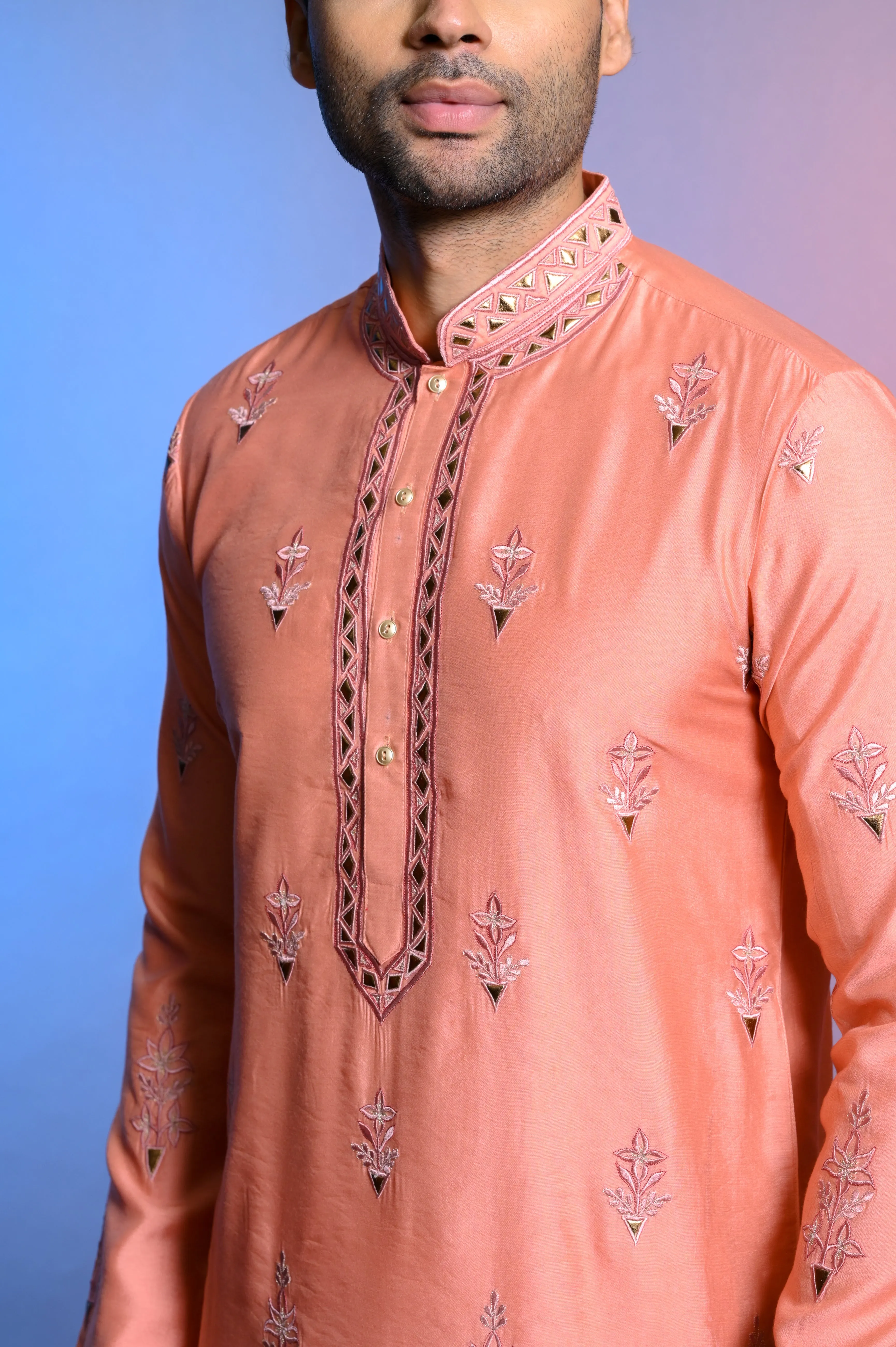 Peach Silk Kurta Set WIth Resham Work