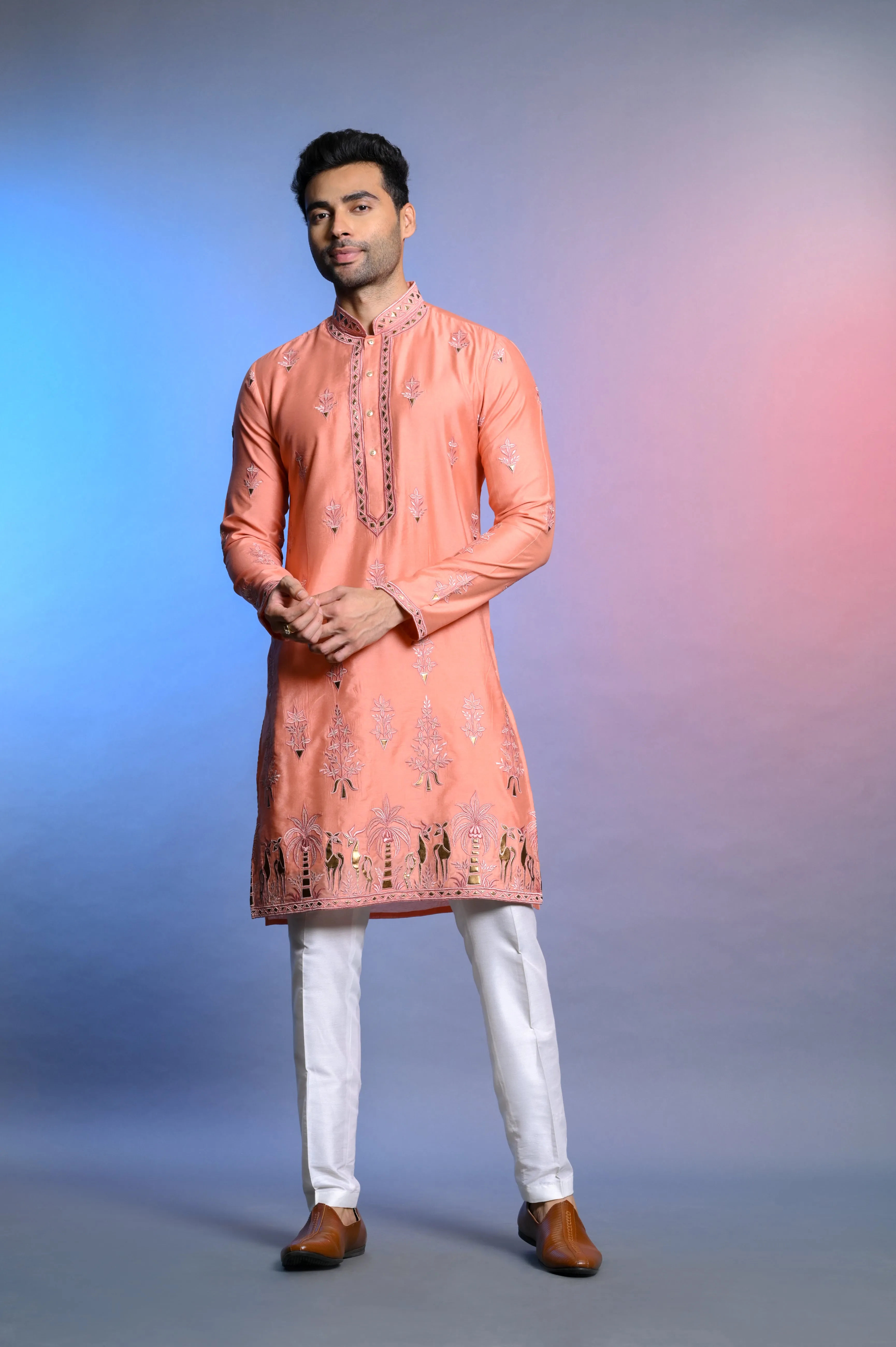 Peach Silk Kurta Set WIth Resham Work