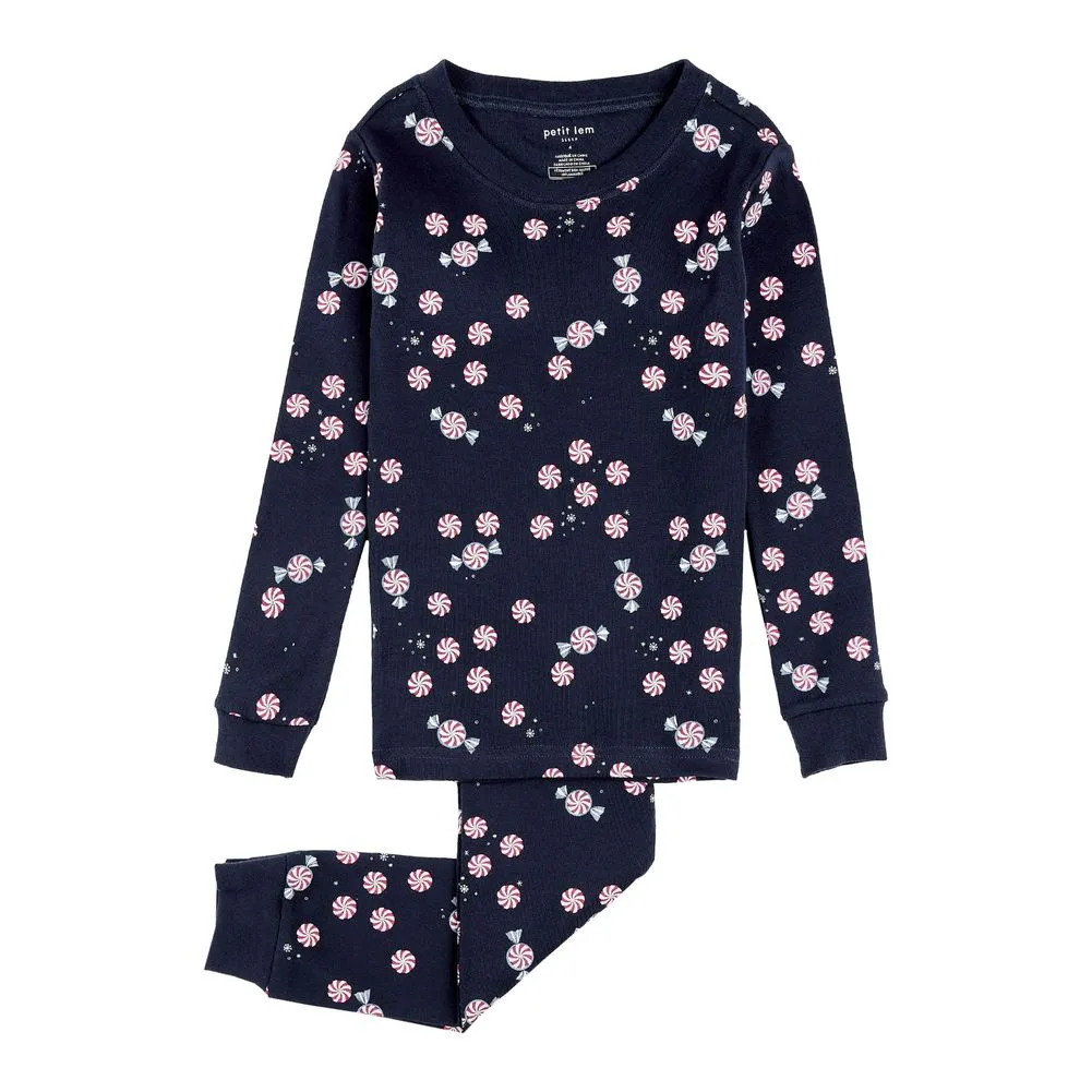 Petit Lem 2-Piece Organic Cotton Ribbed Pajama Set in Starlight Spirals on Dress Blue