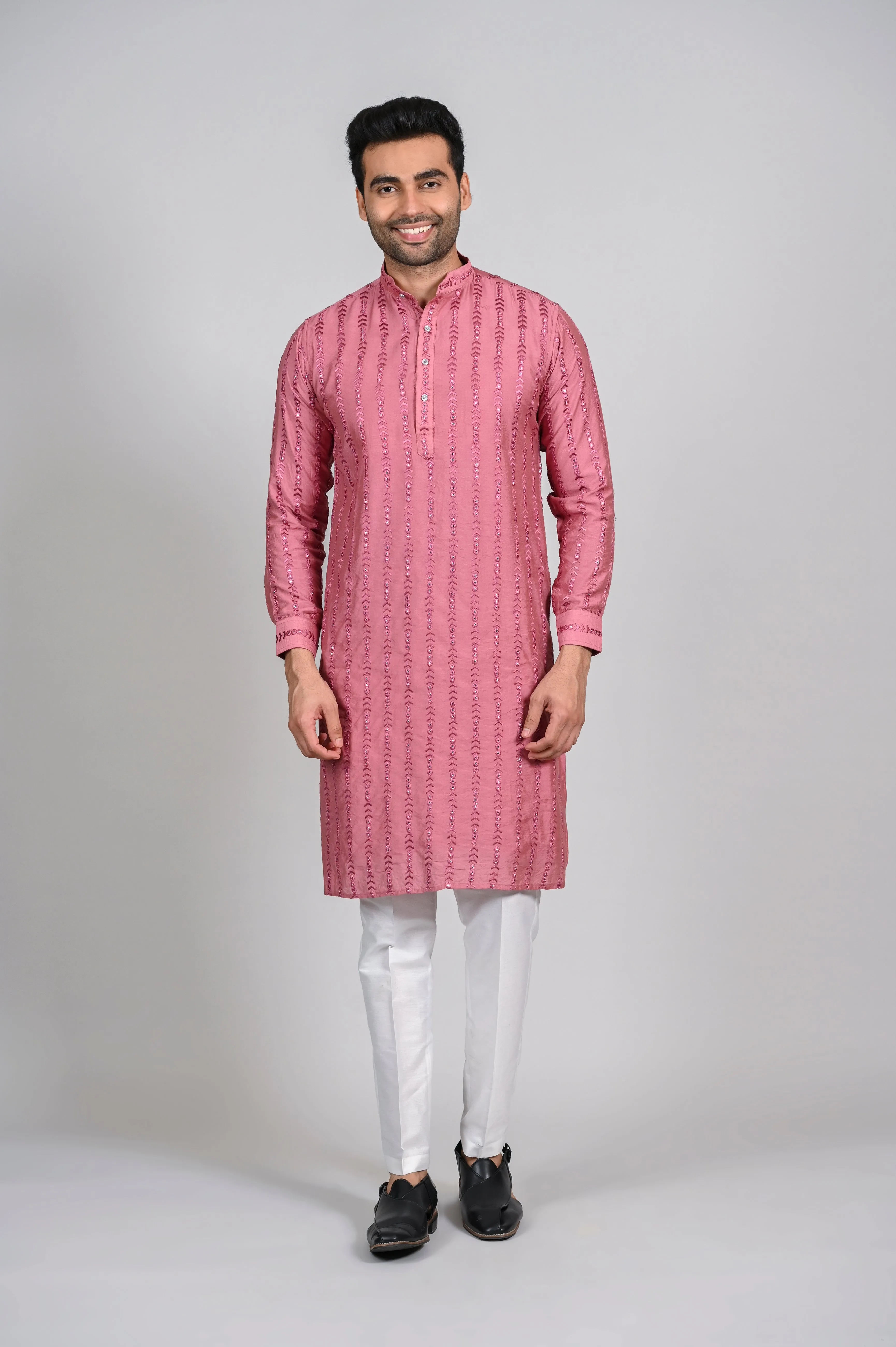 Pink Lakhnavi Kurta for Men with Pant in Silk