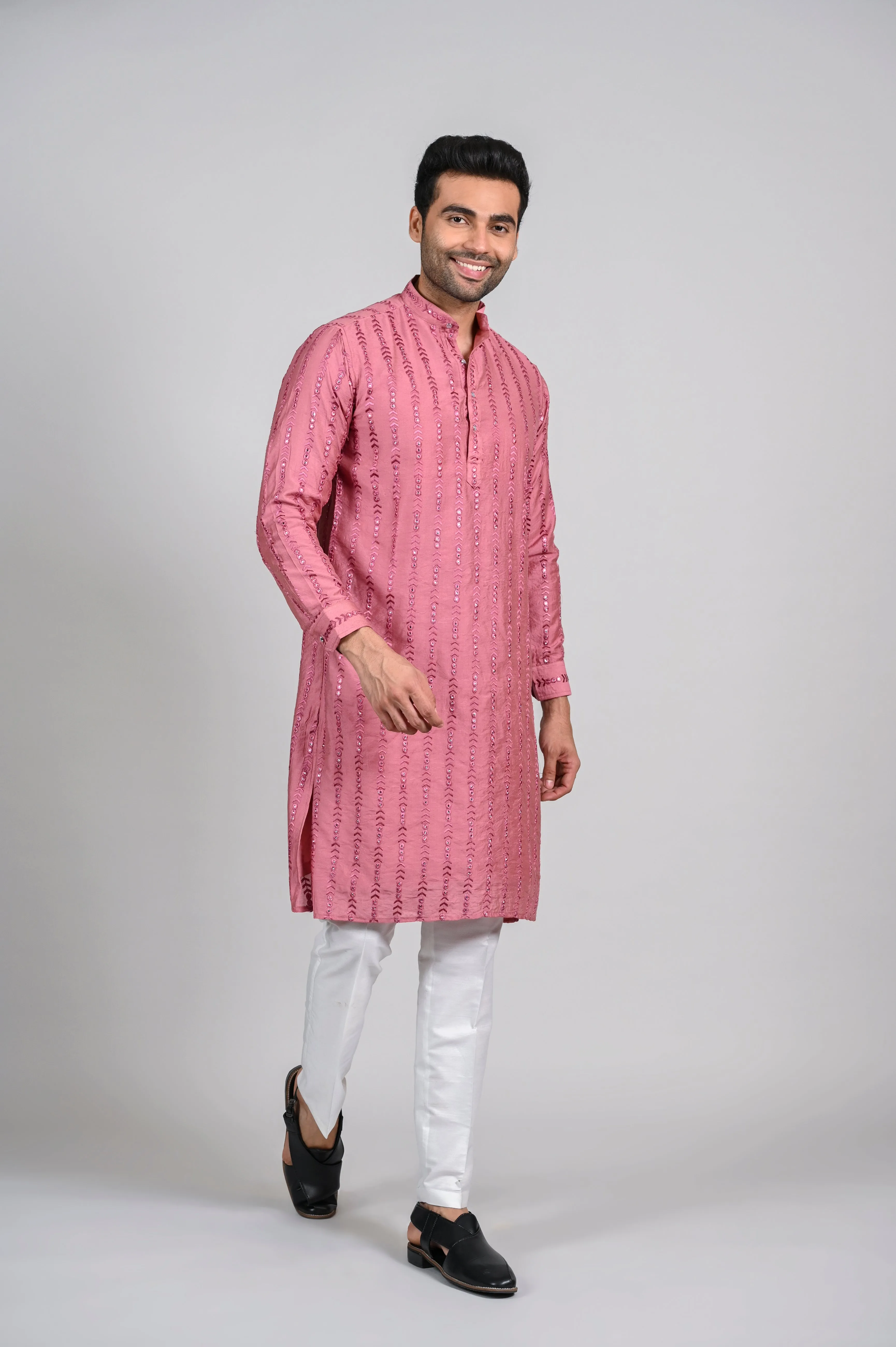 Pink Lakhnavi Kurta for Men with Pant in Silk