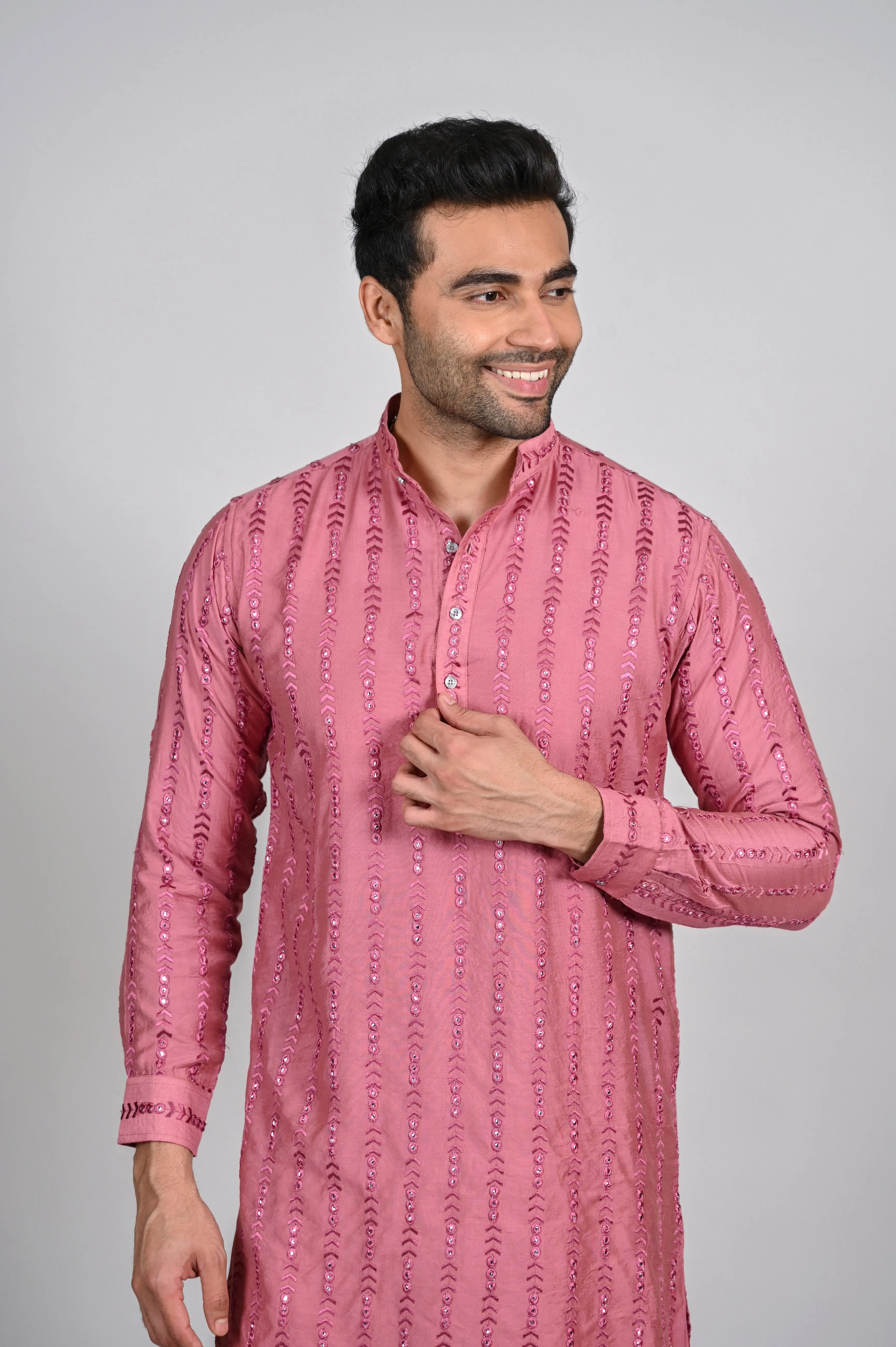 Pink Lakhnavi Kurta for Men with Pant in Silk