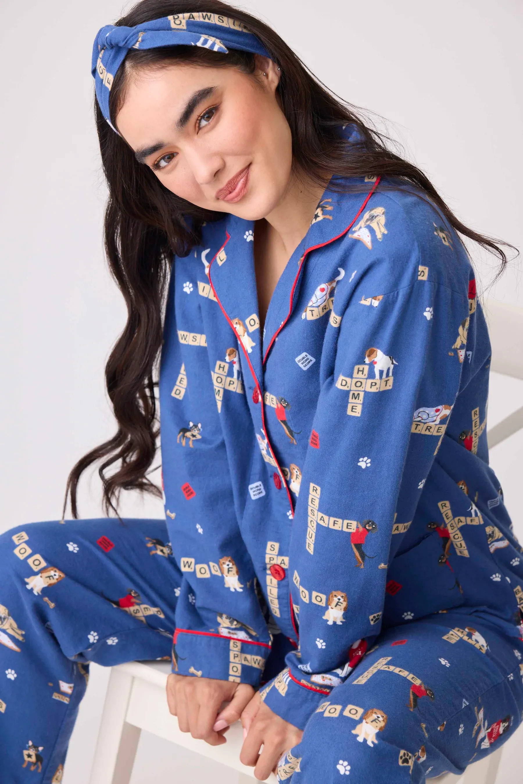 PJ Salvage Love Leo Dog Rescue Cozy Flannel 3 Piece Pajama Set - Dark Denim