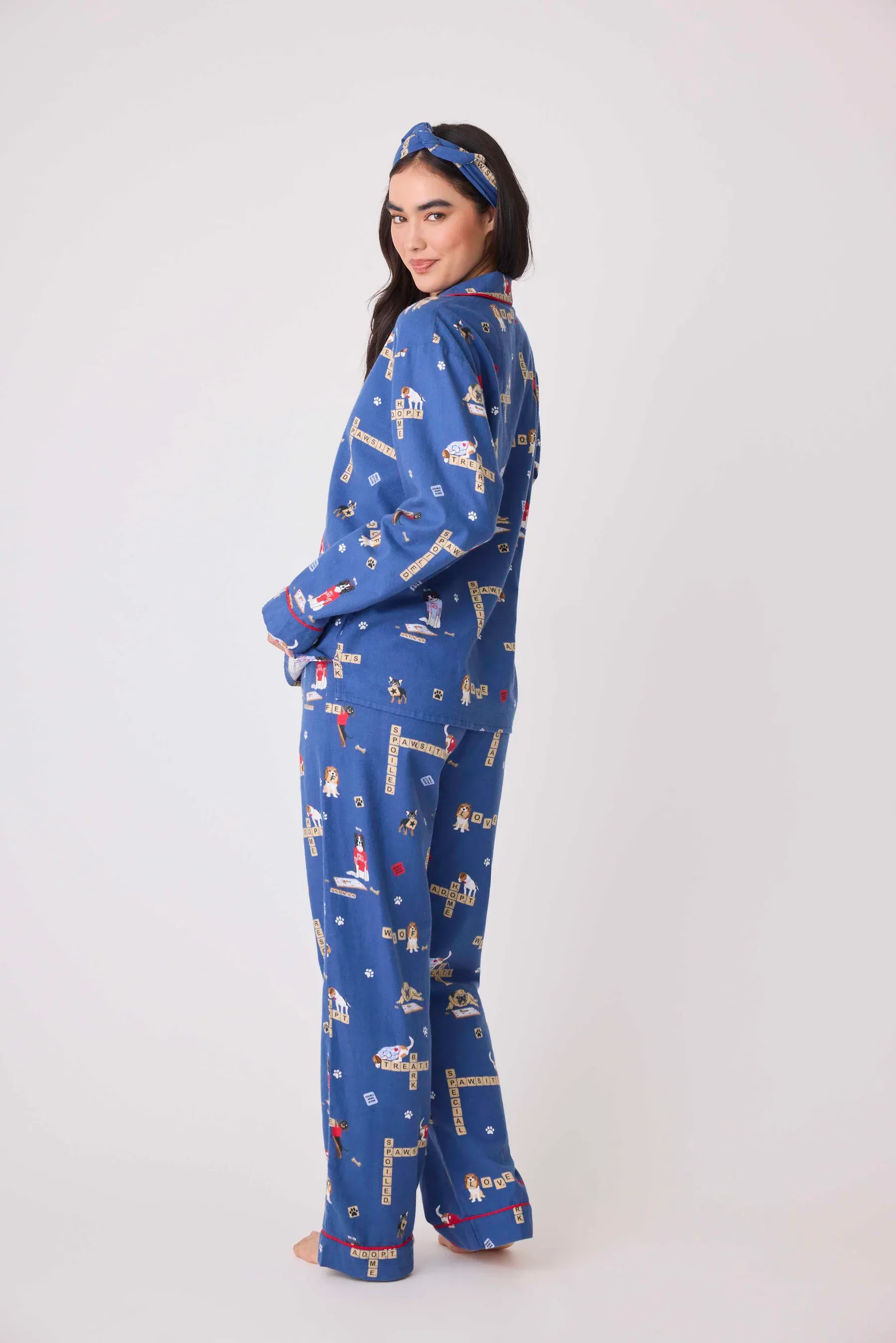 PJ Salvage Love Leo Dog Rescue Cozy Flannel 3 Piece Pajama Set - Dark Denim