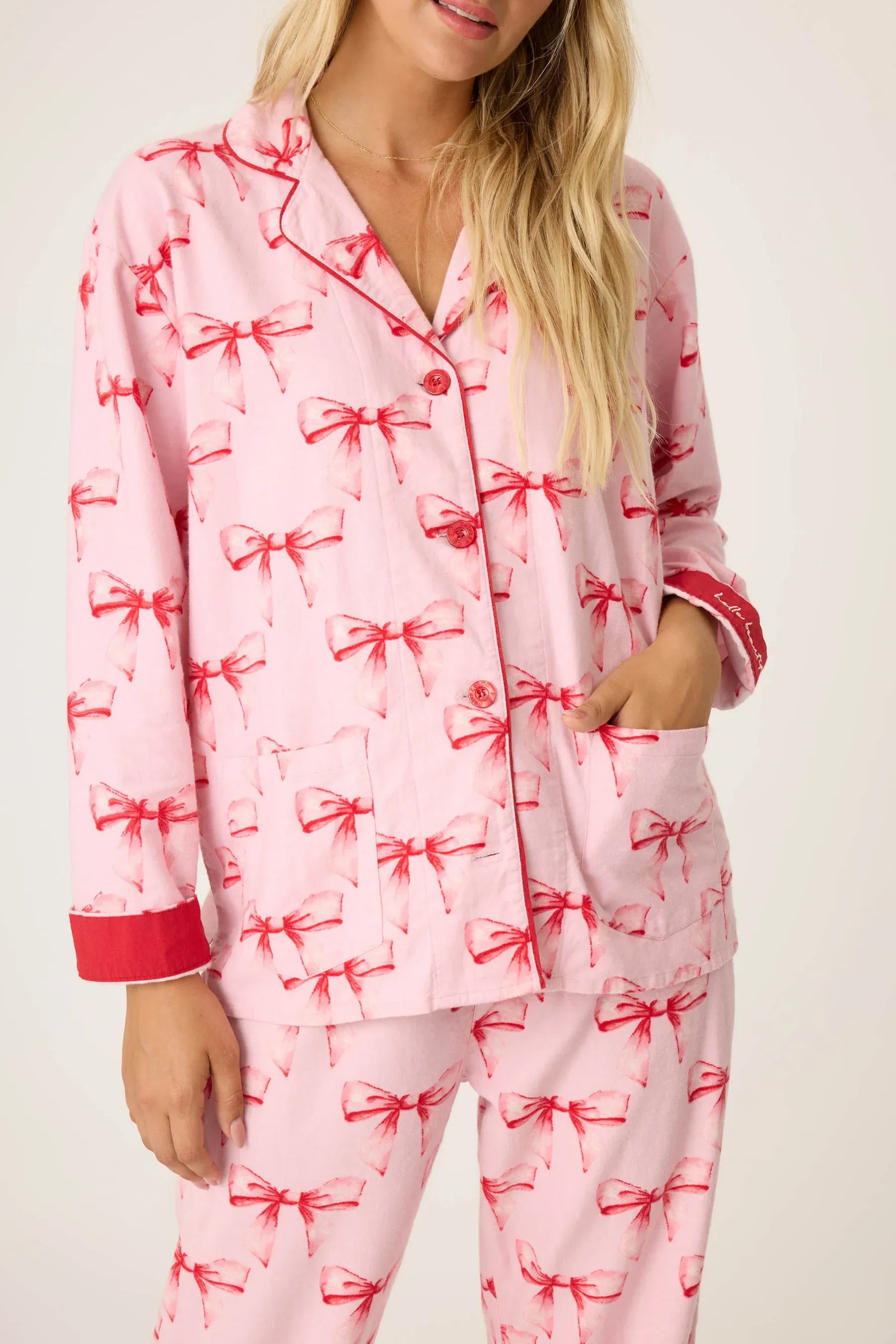 PJ Salvage Ribbons & Bows Flannel 3 Piece Pajama Set - Candy Pink