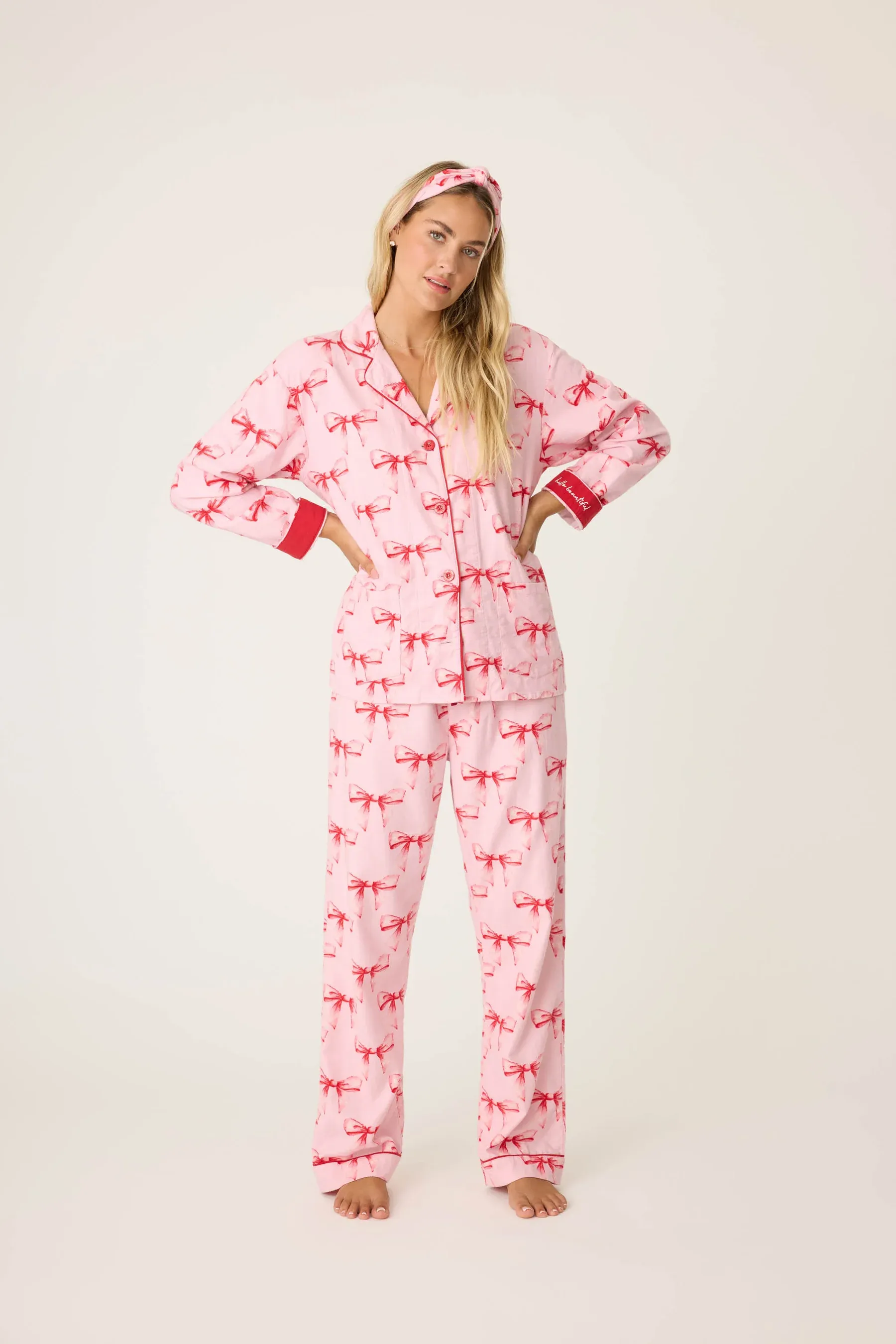 PJ Salvage Ribbons & Bows Flannel 3 Piece Pajama Set - Candy Pink