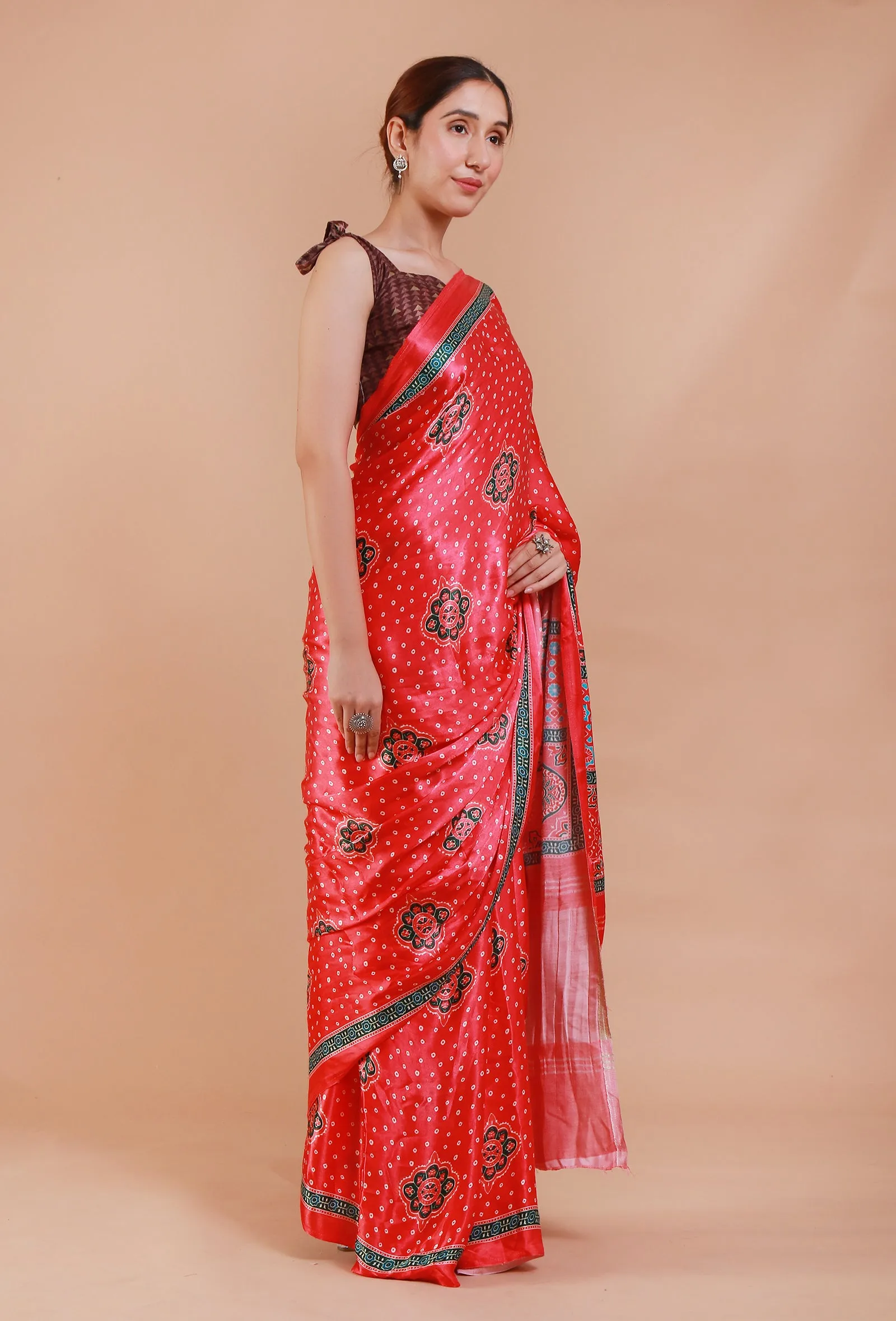 Red Digital Print Modal Silk Saree