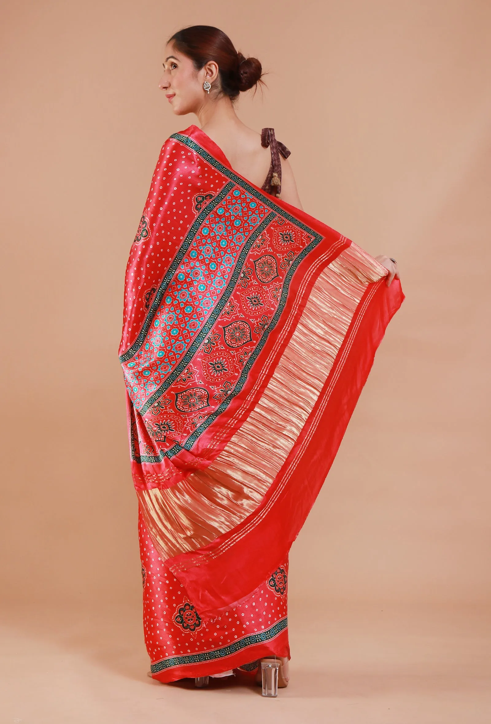 Red Digital Print Modal Silk Saree