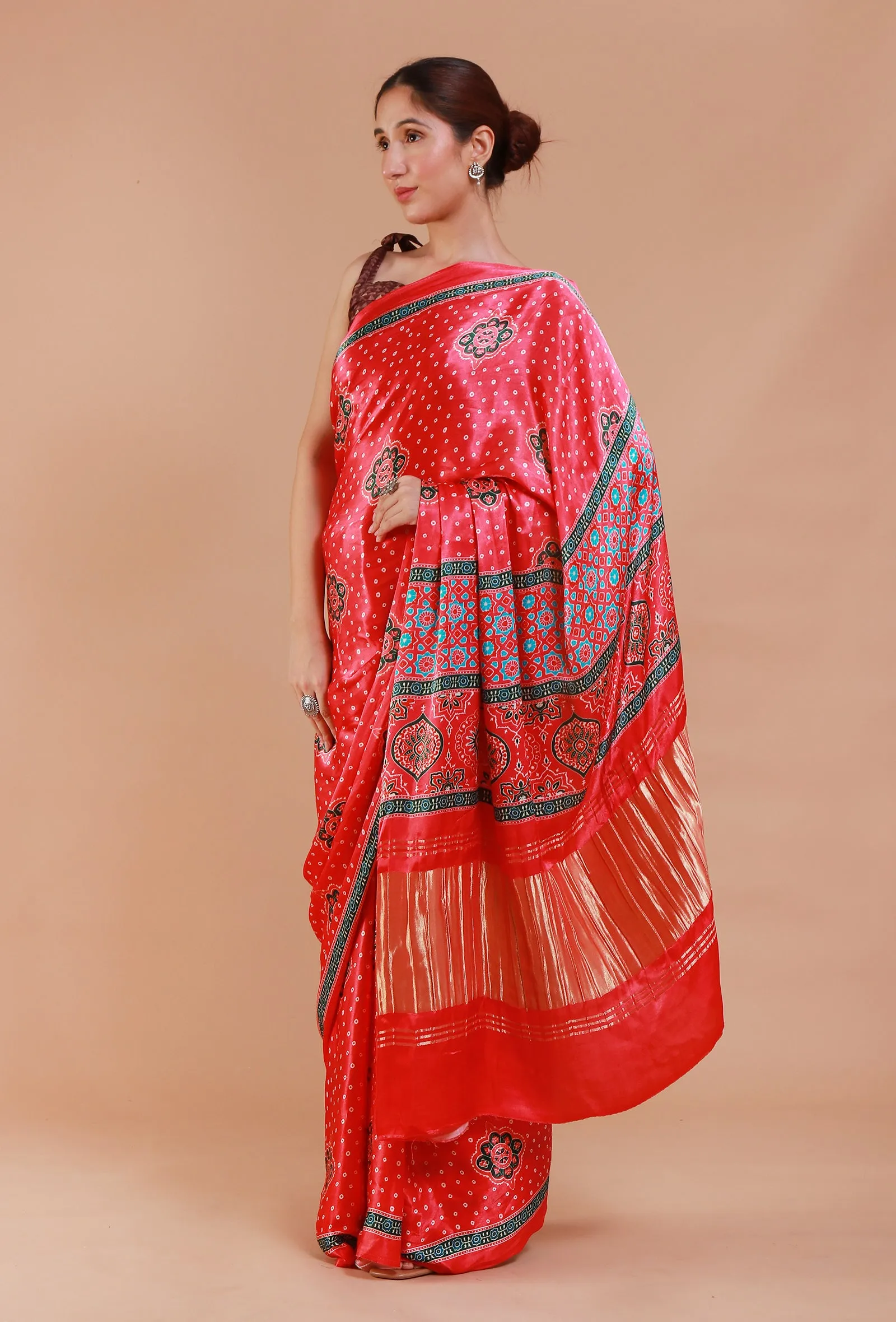 Red Digital Print Modal Silk Saree