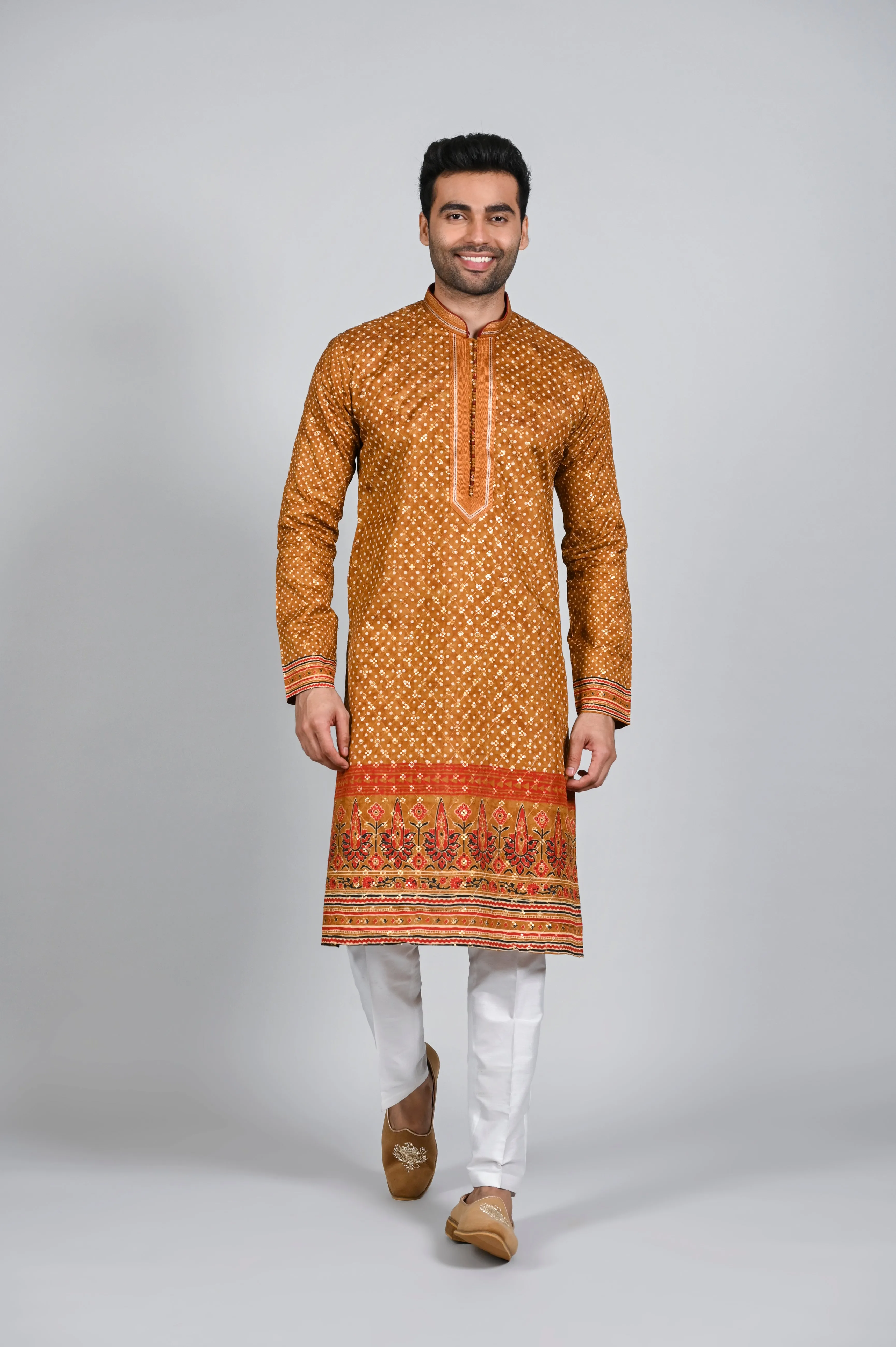 Rust Daman Print Kurta Pajama for Men in Silk