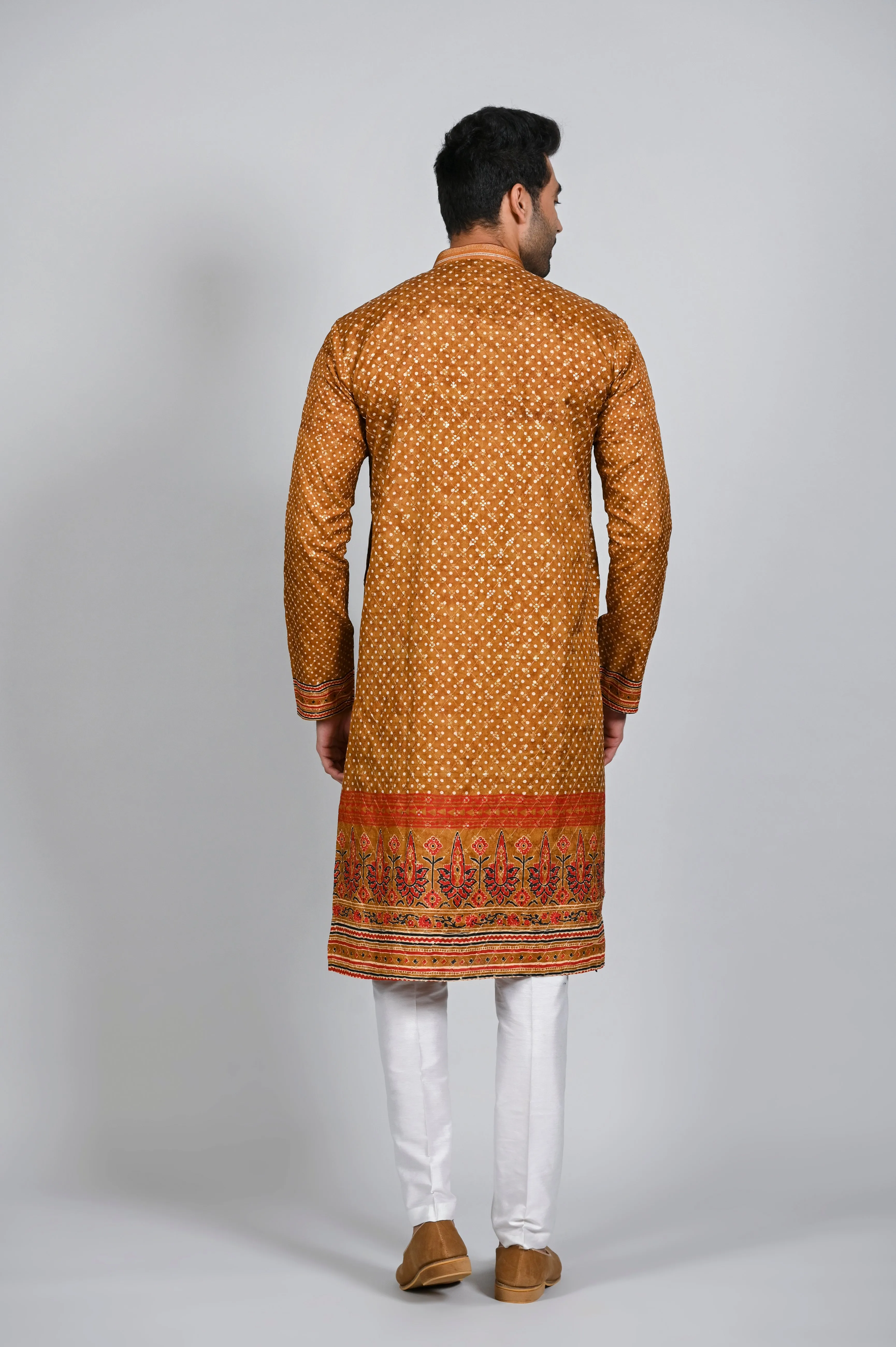 Rust Daman Print Kurta Pajama for Men in Silk