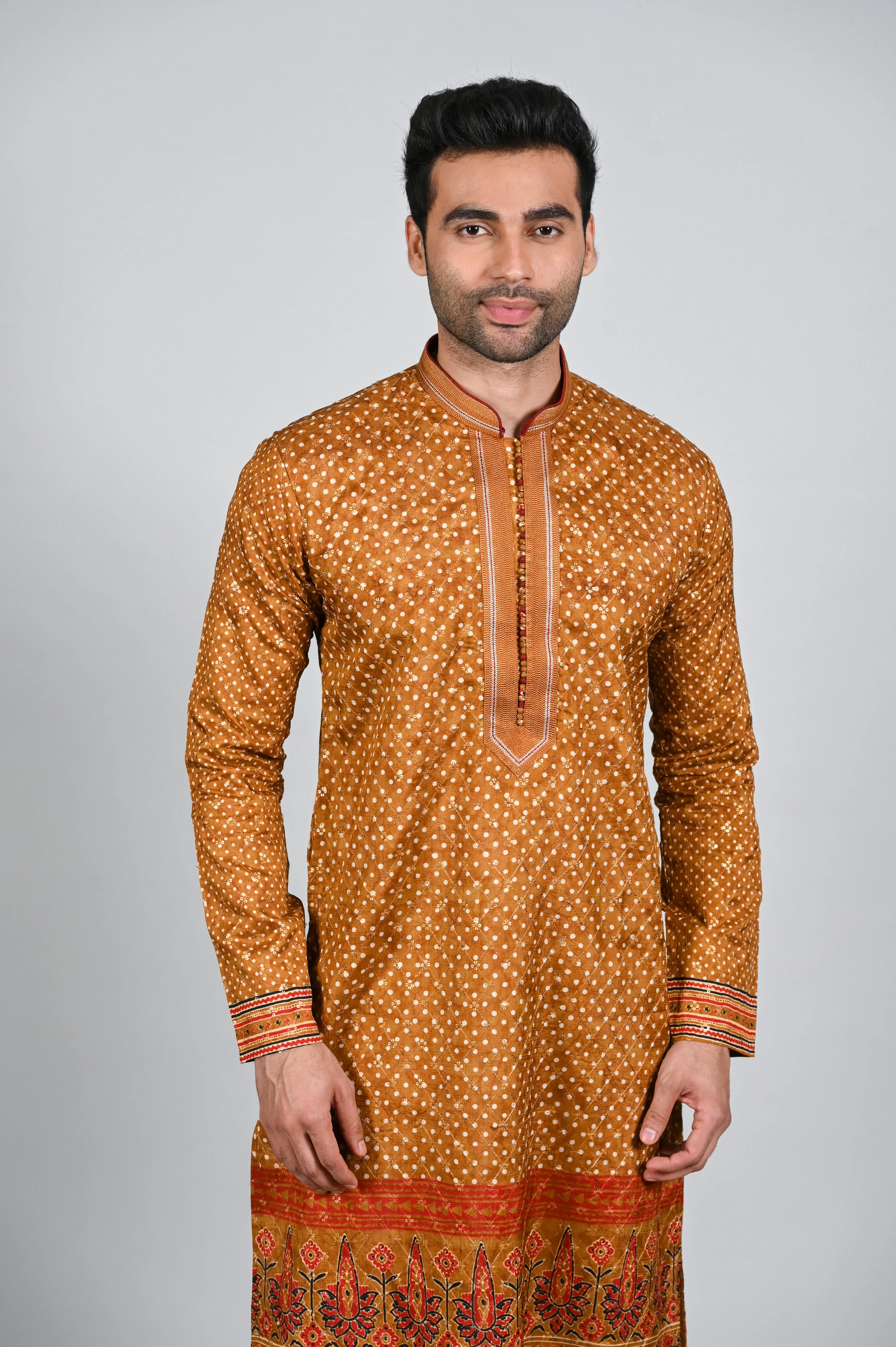 Rust Daman Print Kurta Pajama for Men in Silk