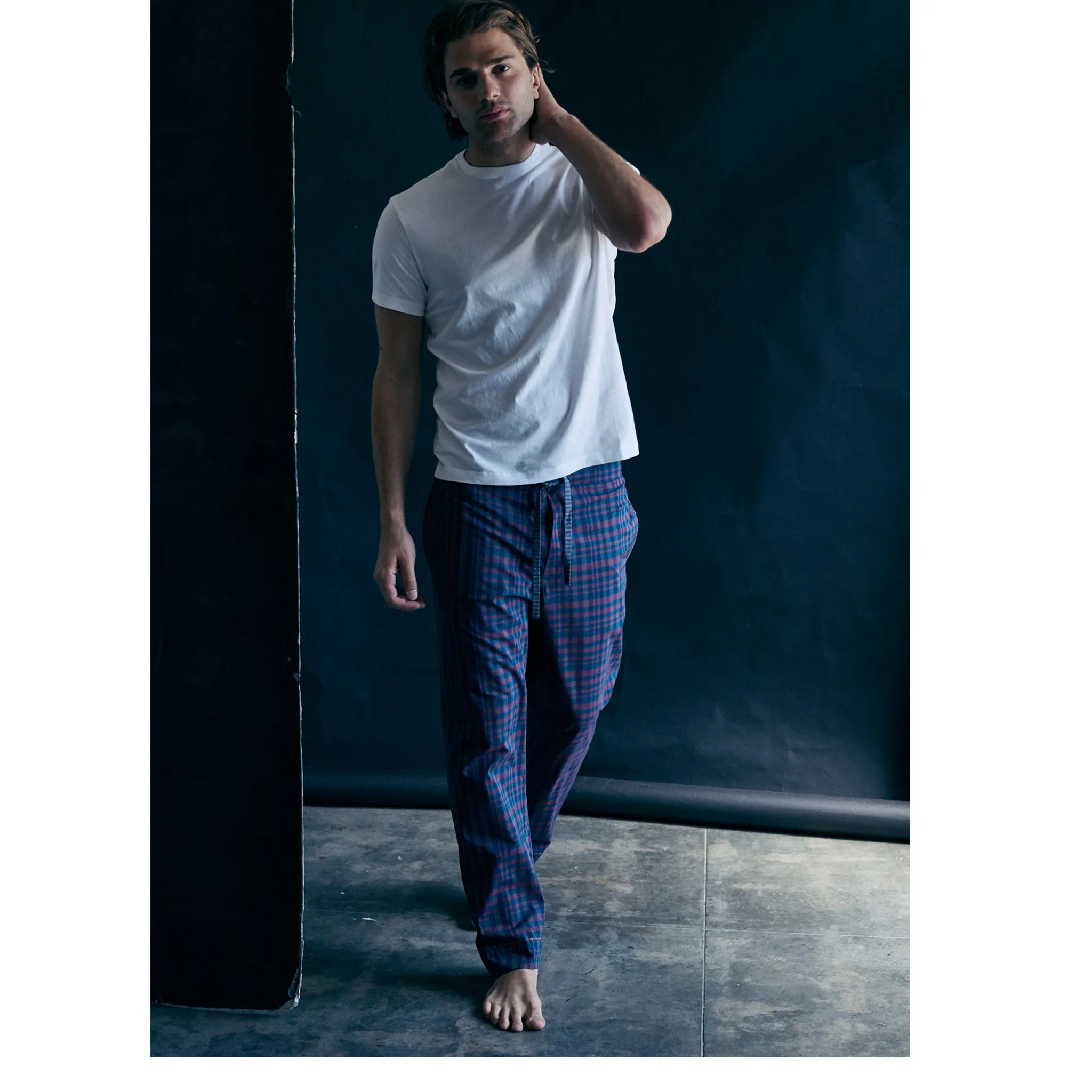 Saturn Pajama Pant in Burgundy and Blue Check Italian Cotton