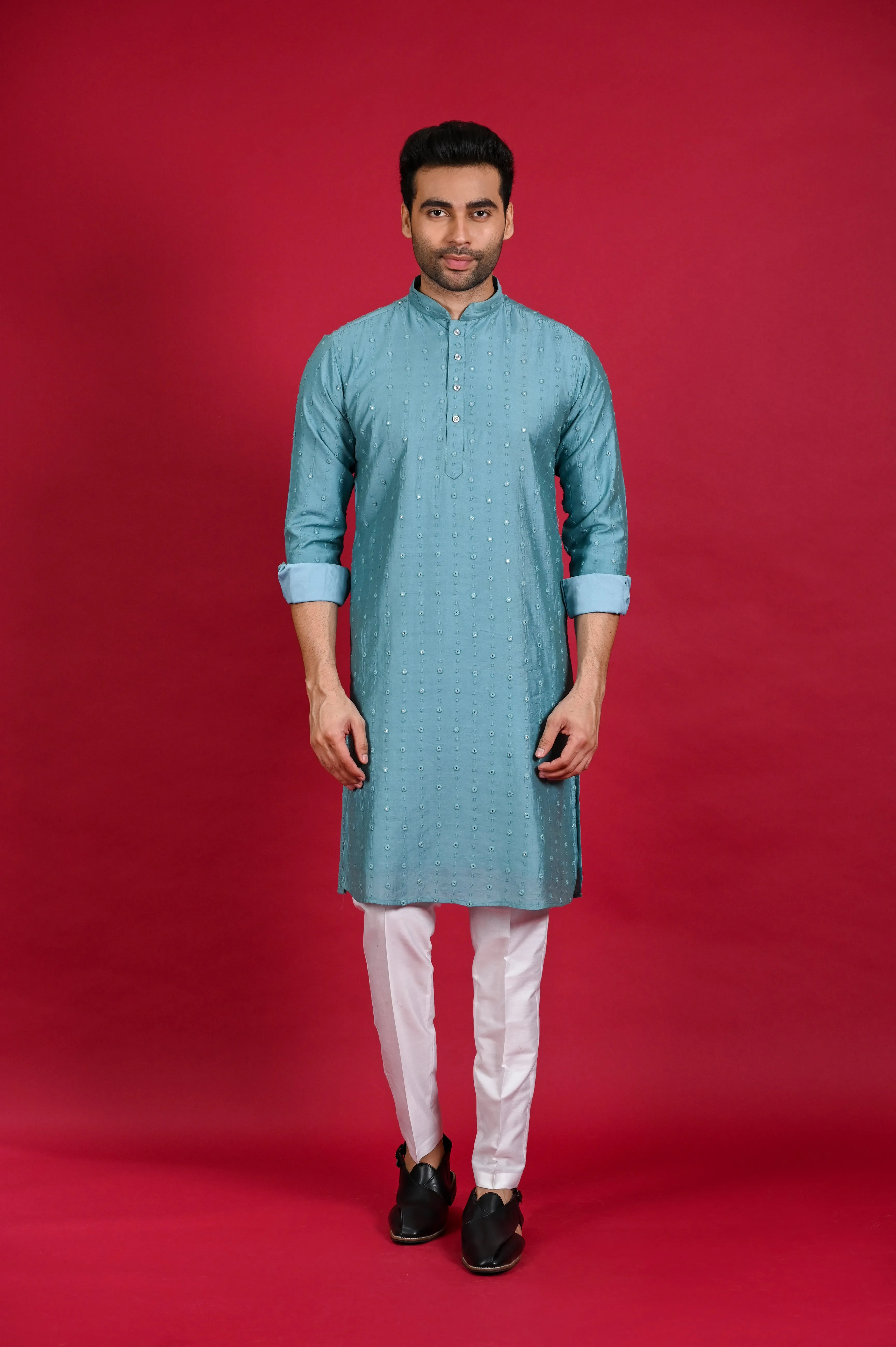 Sky Blue Resham Work Kurta Pajama Set in Silk