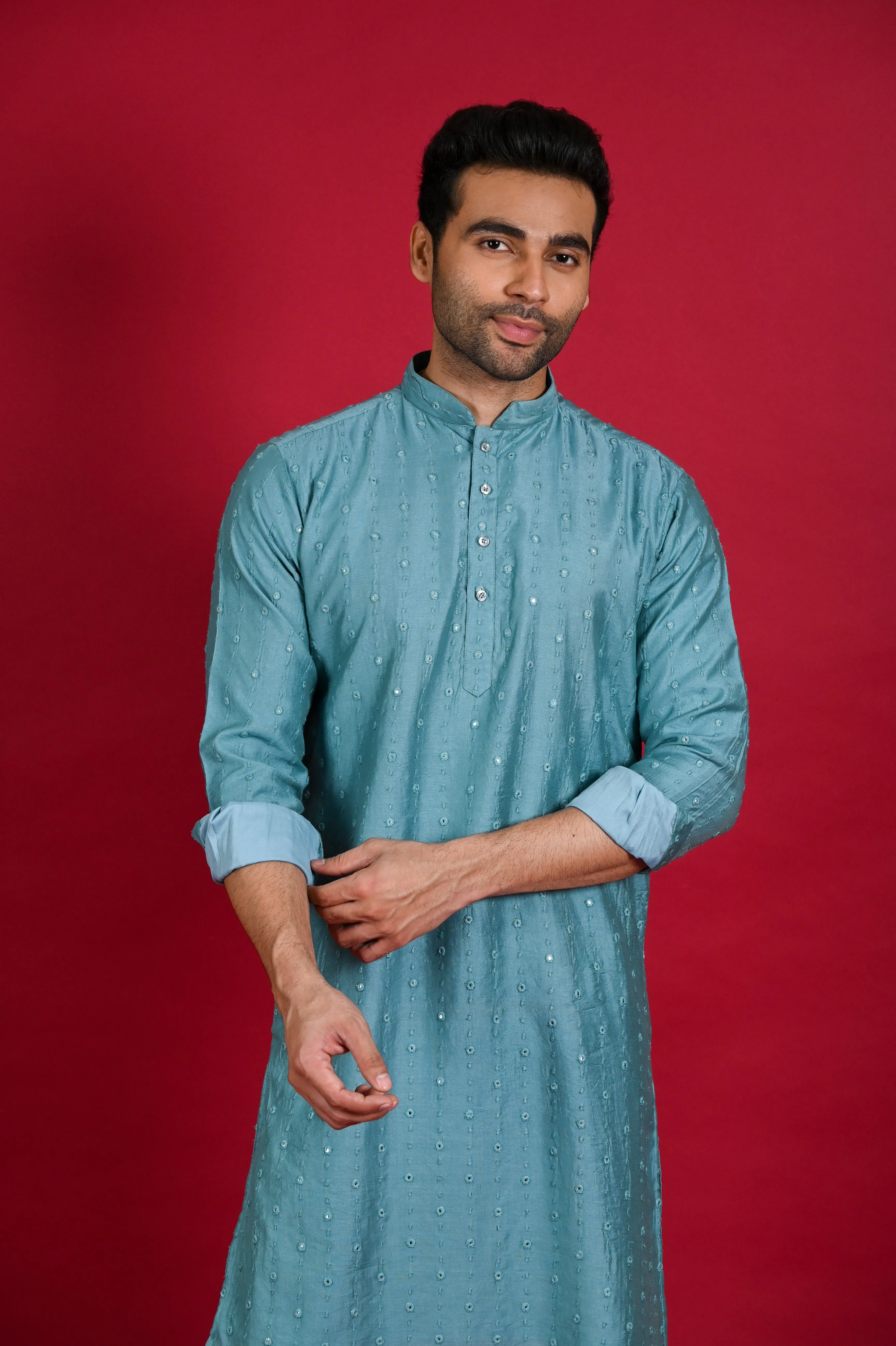 Sky Blue Resham Work Kurta Pajama Set in Silk