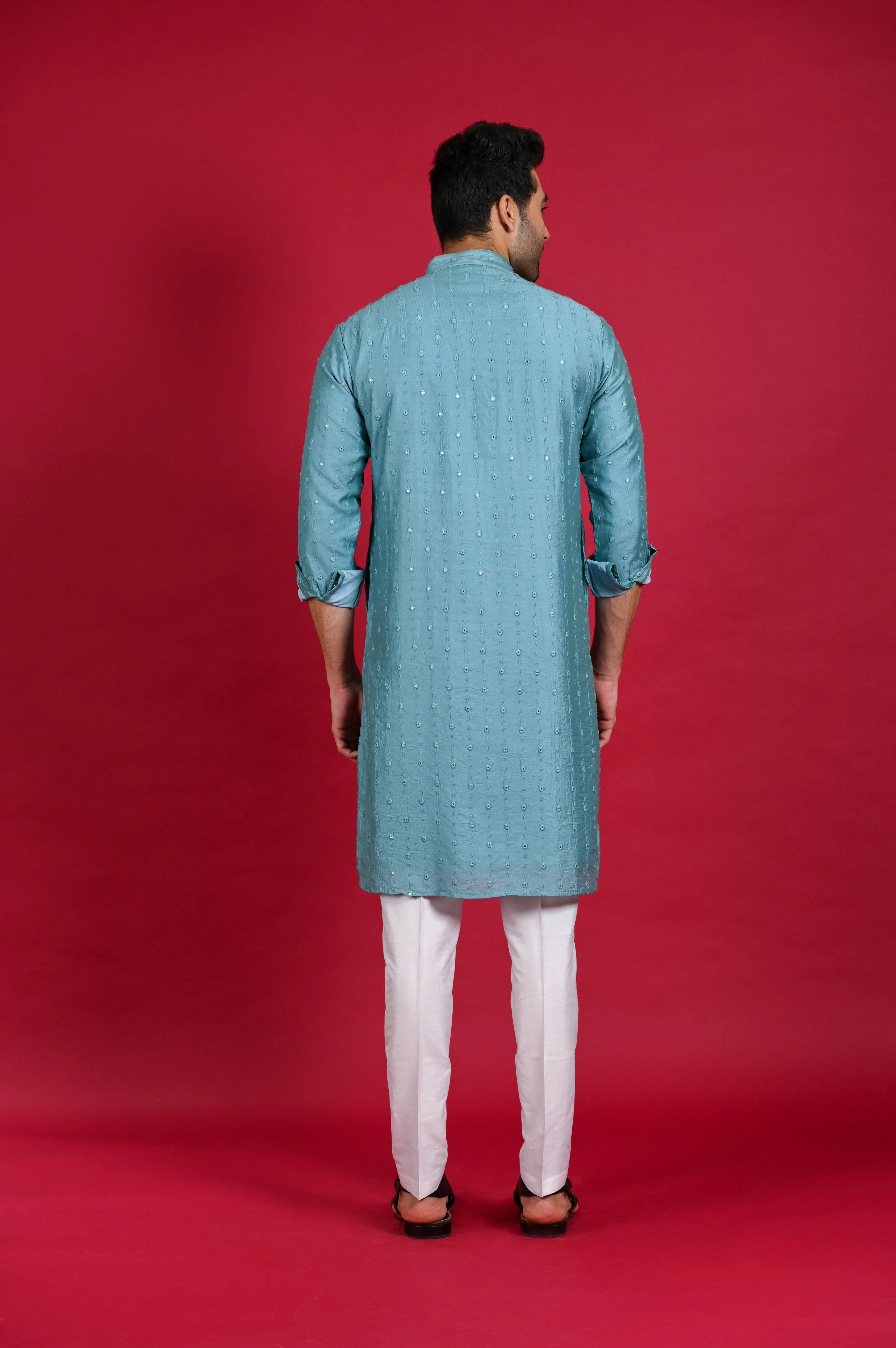 Sky Blue Resham Work Kurta Pajama Set in Silk