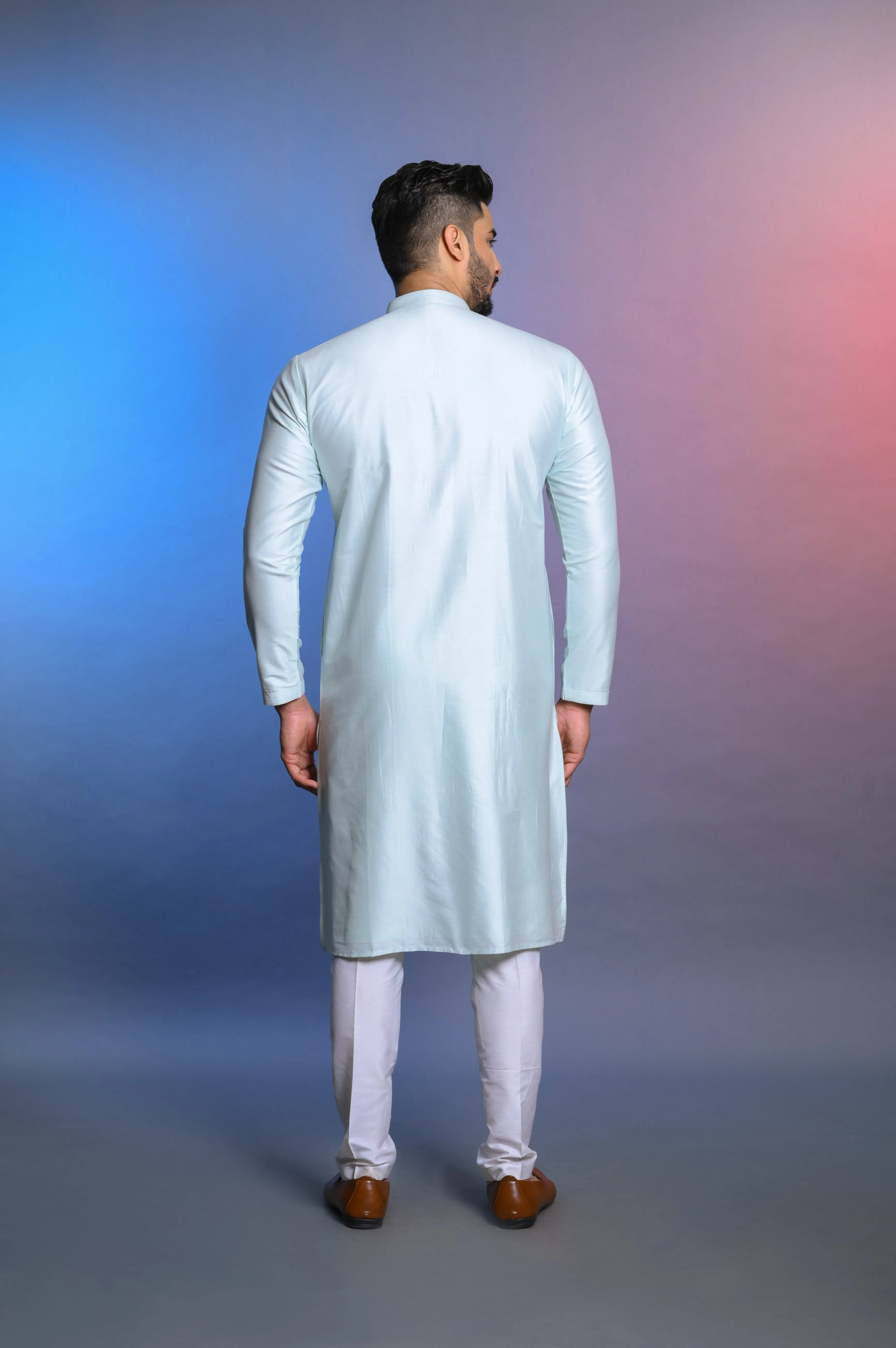 Sky Blue Silk Kurta Set With Mirror Work