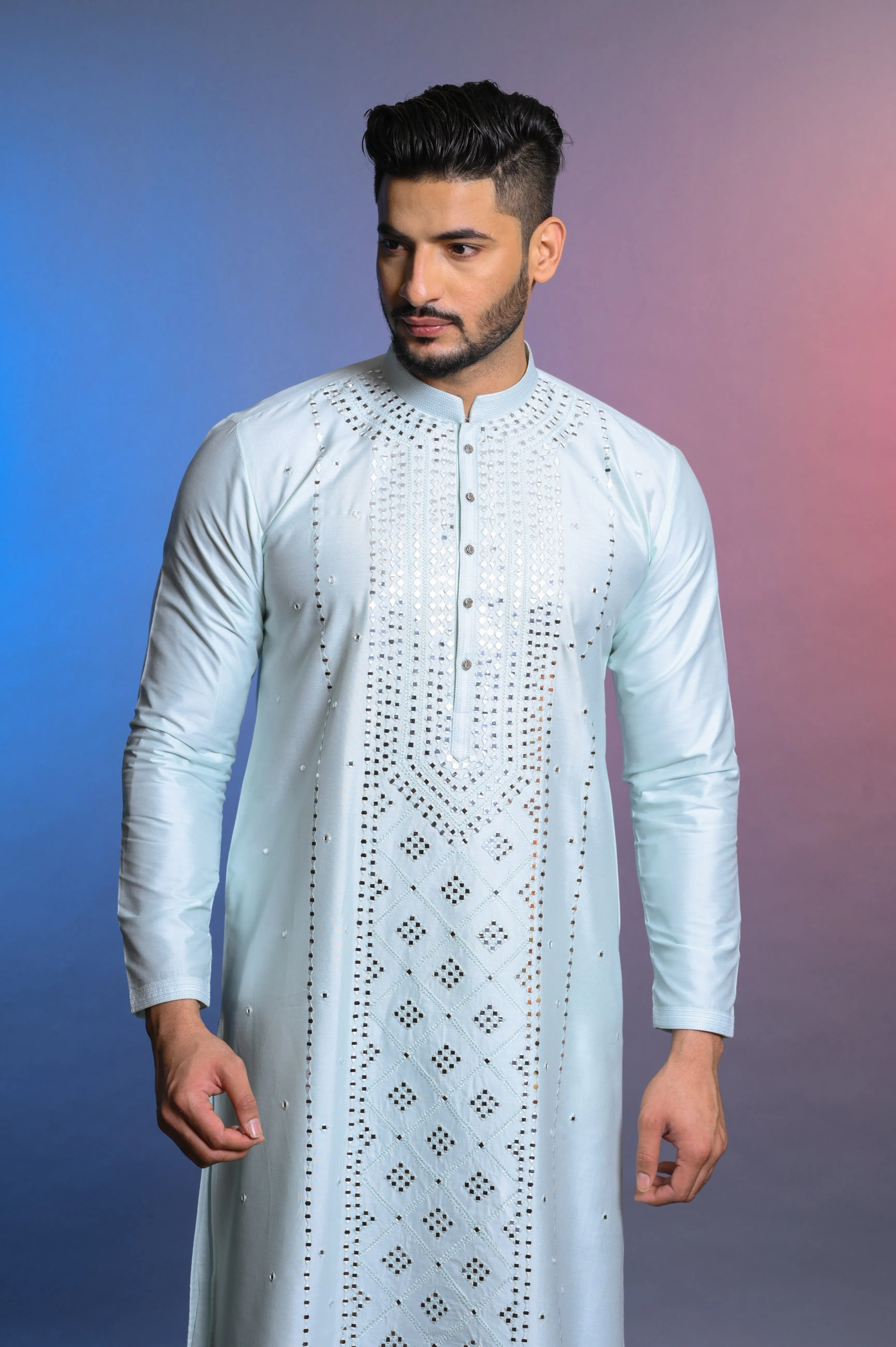 Sky Blue Silk Kurta Set With Mirror Work