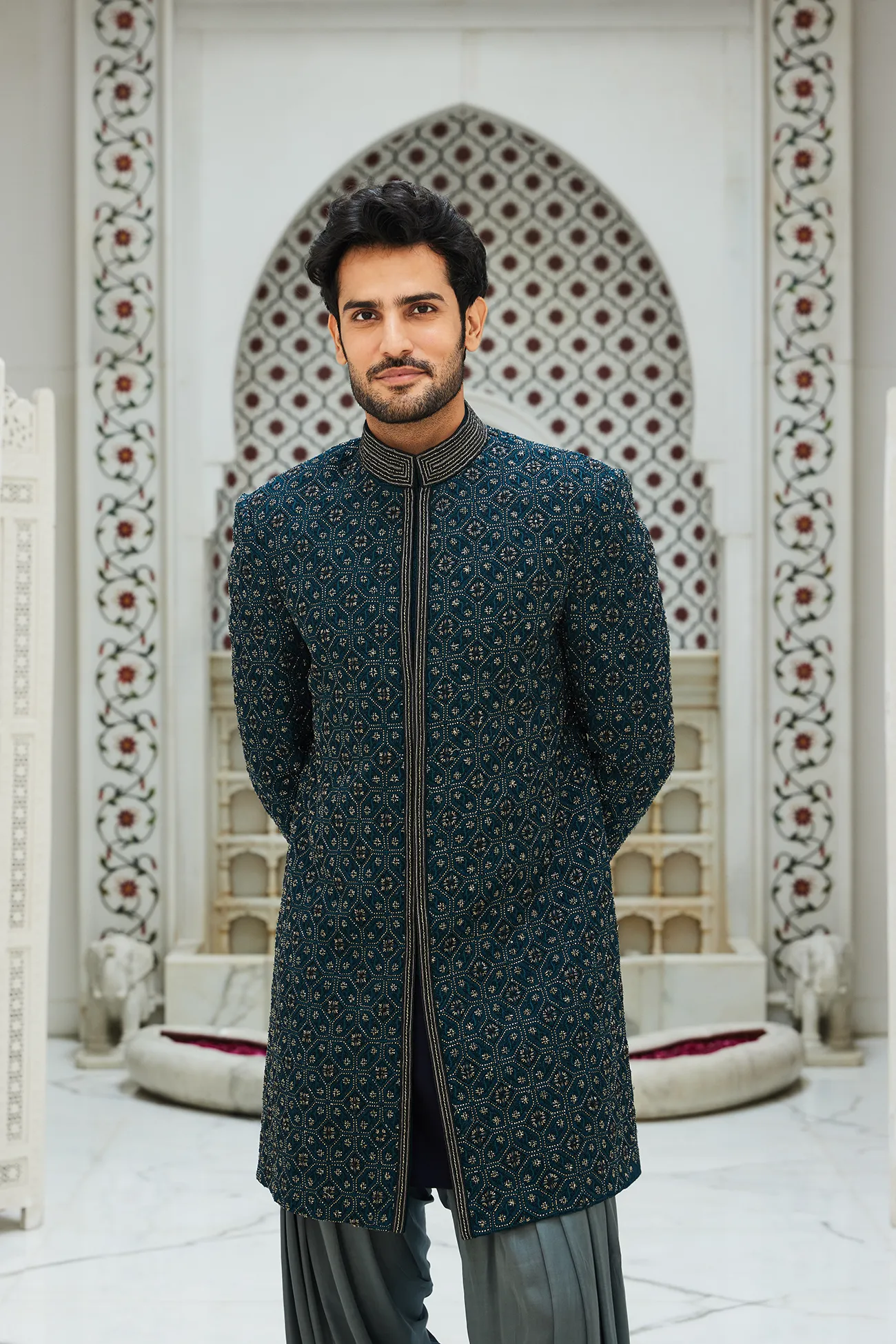 TEAL BLUE RAW SILK SHERWANI KURTA SALWAR SET