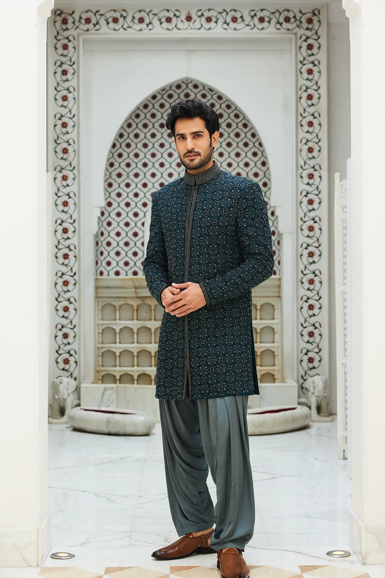 TEAL BLUE RAW SILK SHERWANI KURTA SALWAR SET