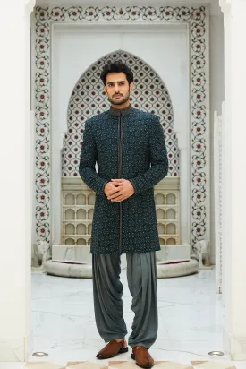 TEAL BLUE RAW SILK SHERWANI KURTA SALWAR SET