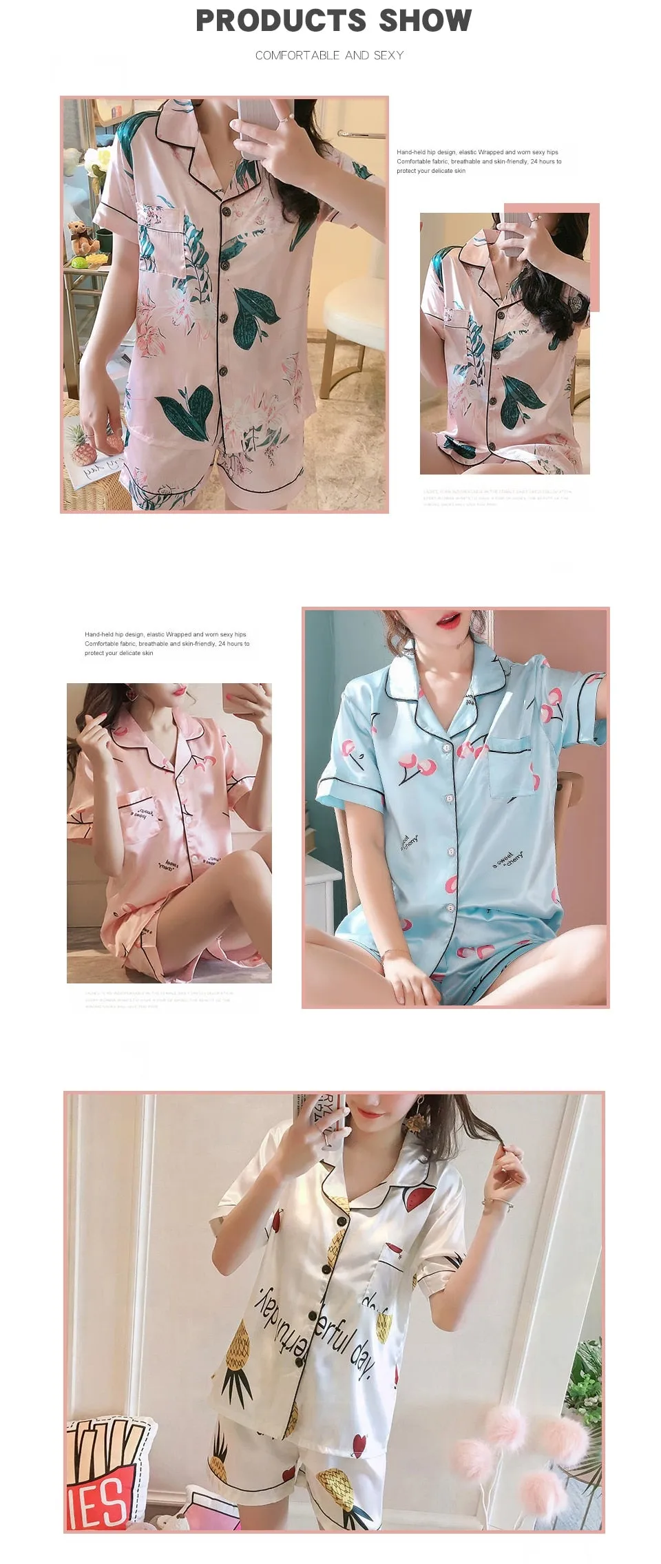 VenusFox Silk Satin Pajamas for Women Short Sleeves Sleepwear Lapel Femme Sexy Nightwear