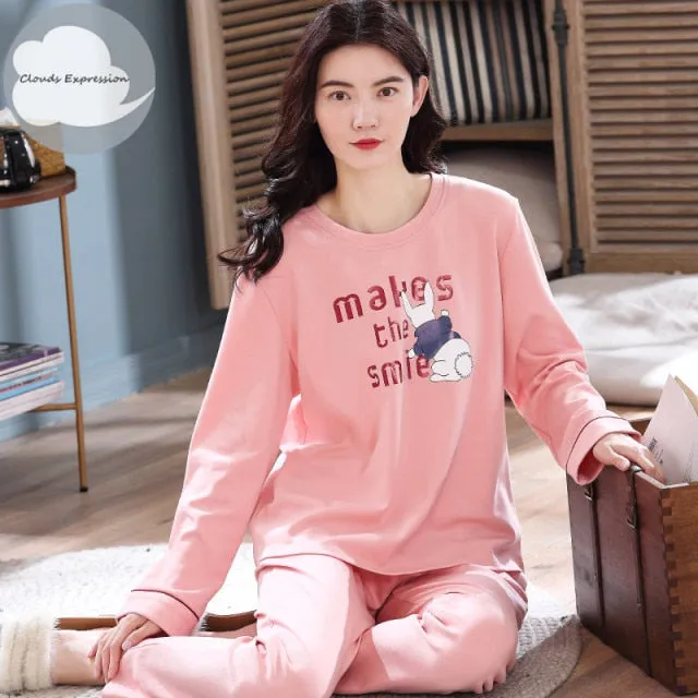 VenusFox Women's Sleep Lounge Pajama Long Sleeved Woman Pajama Set Cartoon Pajamas Cotton Sleepwear