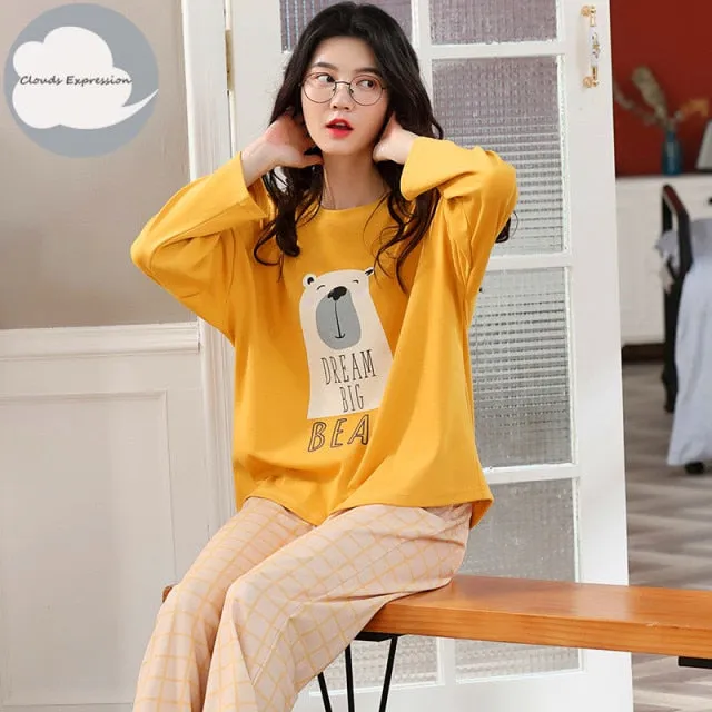 VenusFox Women's Sleep Lounge Pajama Long Sleeved Woman Pajama Set Cartoon Pajamas Cotton Sleepwear