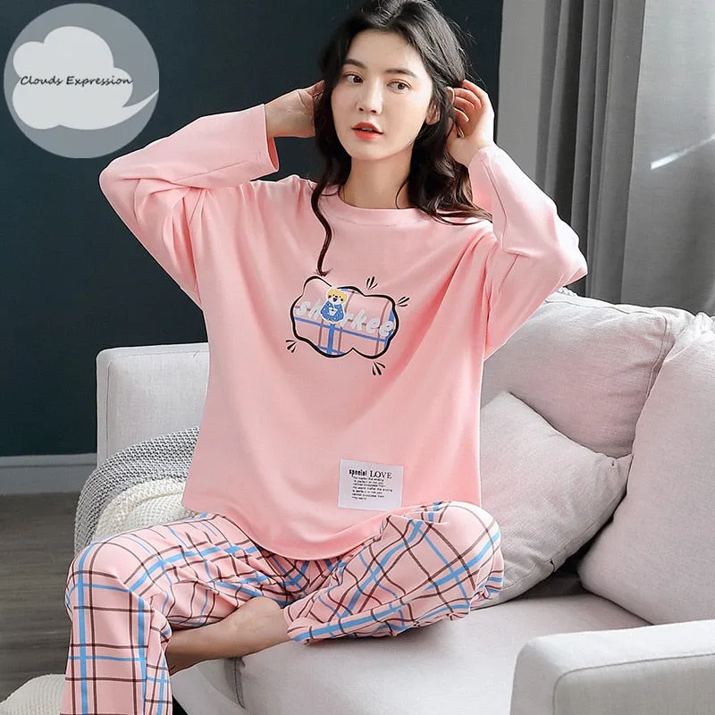 VenusFox Women's Sleep Lounge Pajama Long Sleeved Woman Pajama Set Cartoon Pajamas Cotton Sleepwear