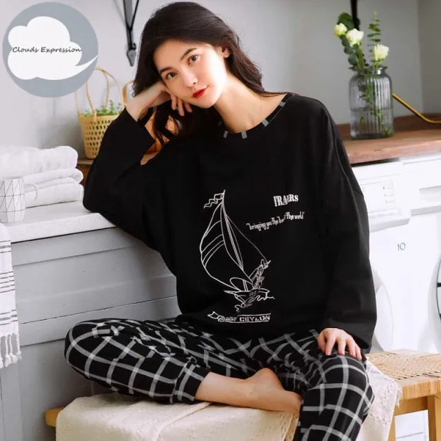 VenusFox Women's Sleep Lounge Pajama Long Sleeved Woman Pajama Set Cartoon Pajamas Cotton Sleepwear