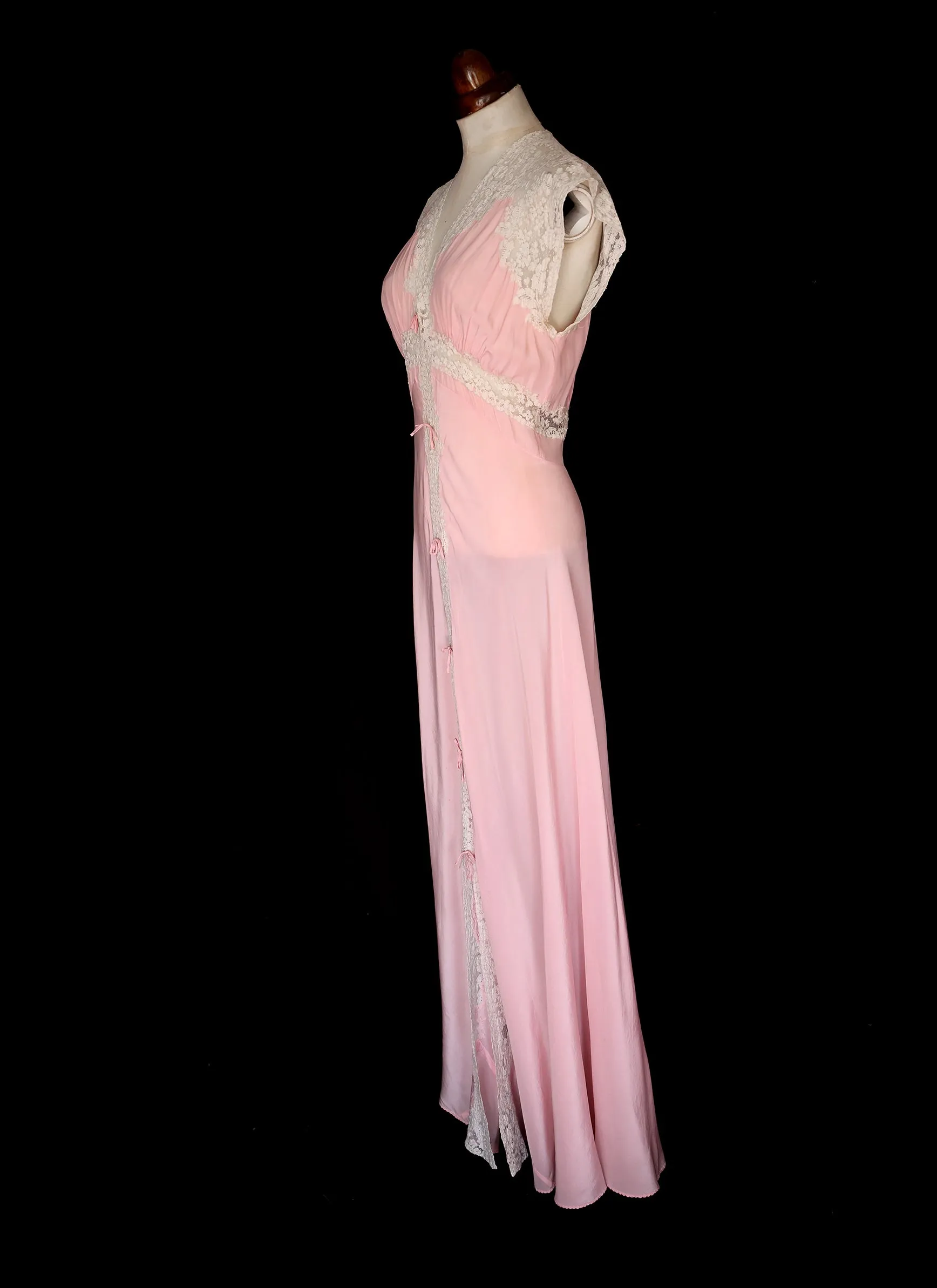 Vintage 1930s Pink Silk Lace Negligee Dress