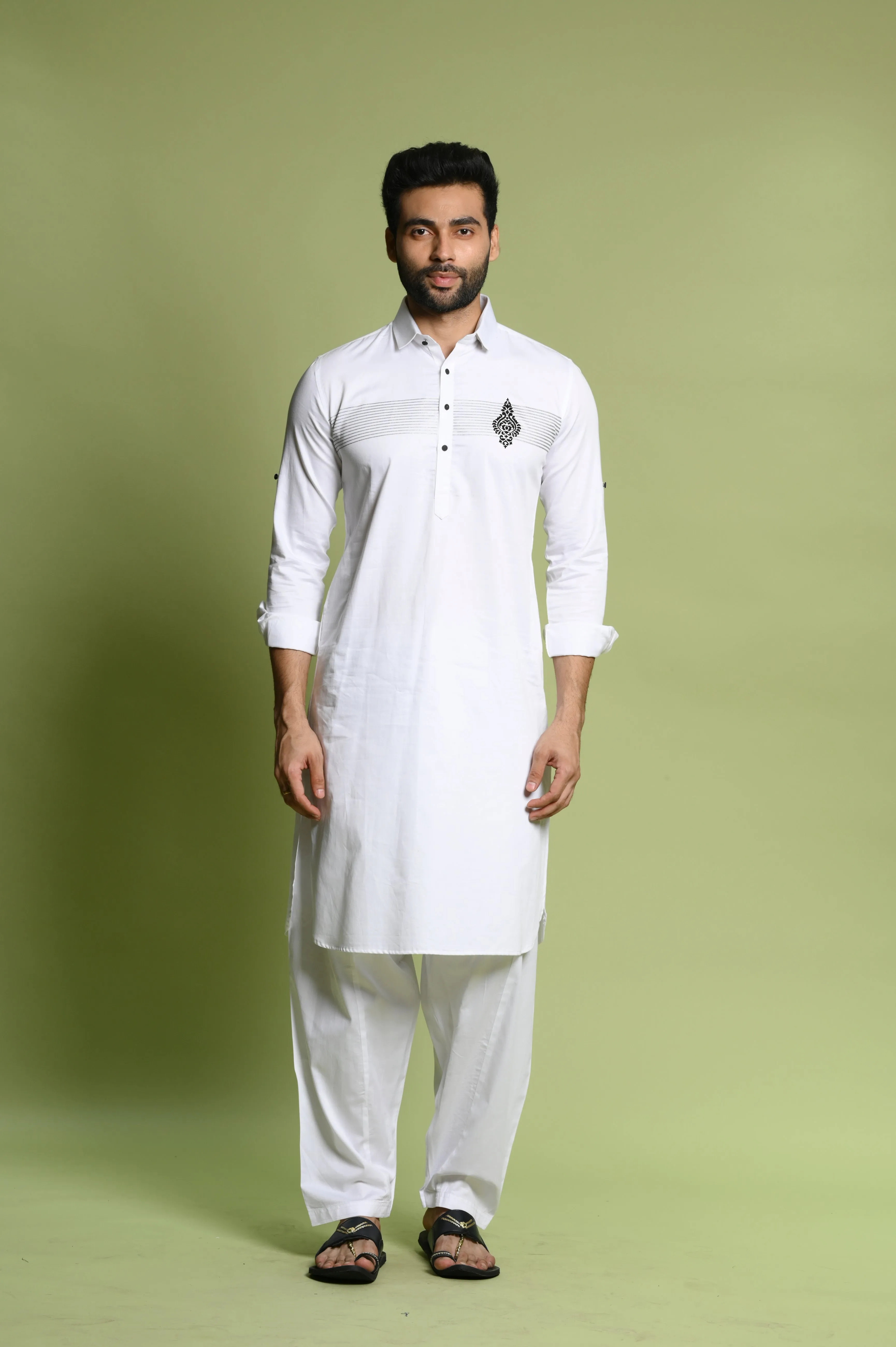 White Cotton Satin Slim Fit Pathani Set