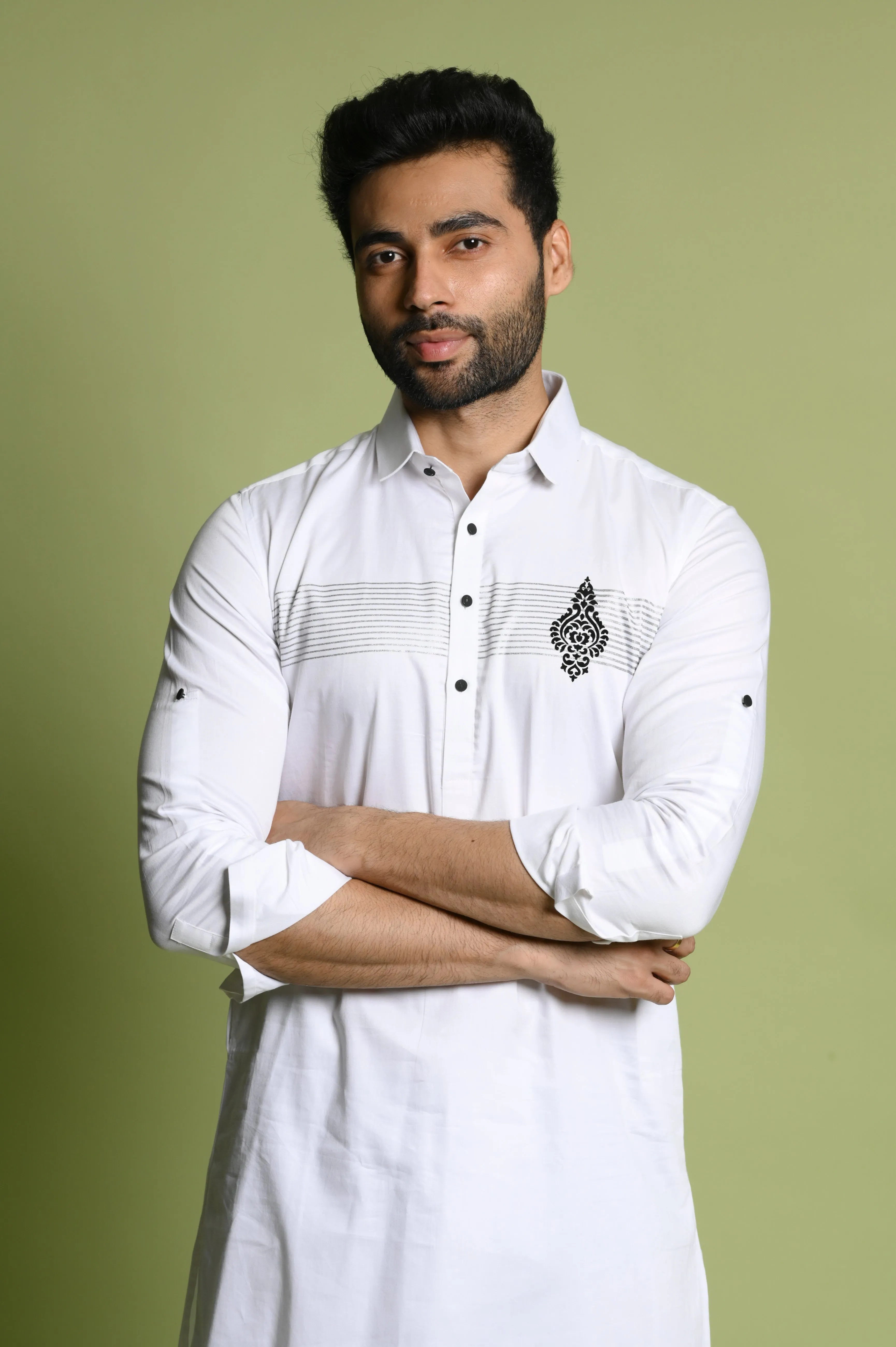 White Cotton Satin Slim Fit Pathani Set