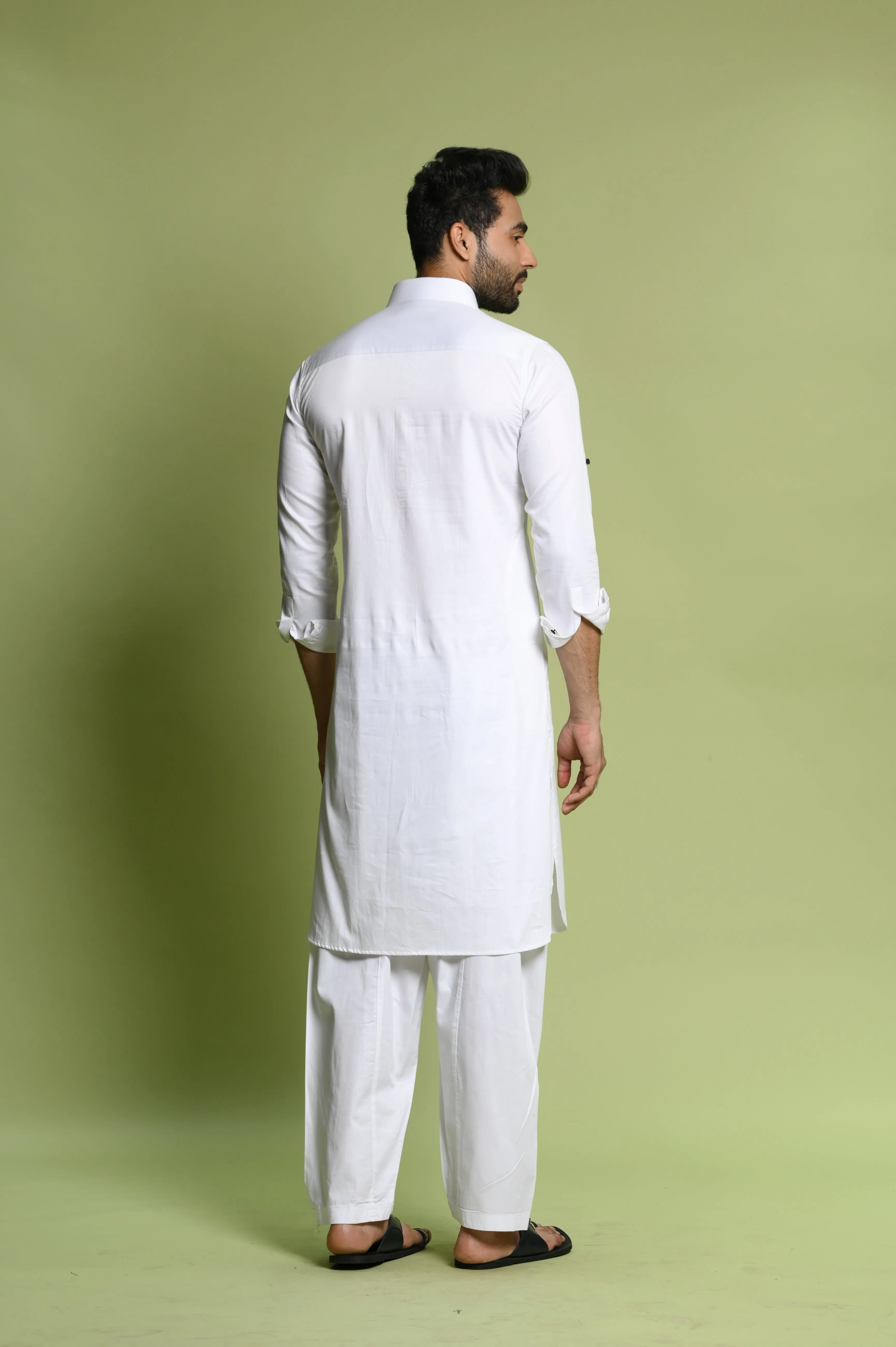 White Cotton Satin Slim Fit Pathani Set