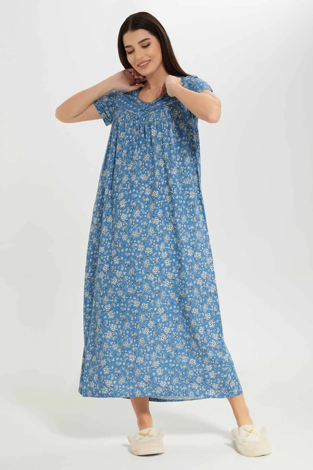 Women Blue Printed Nightgown