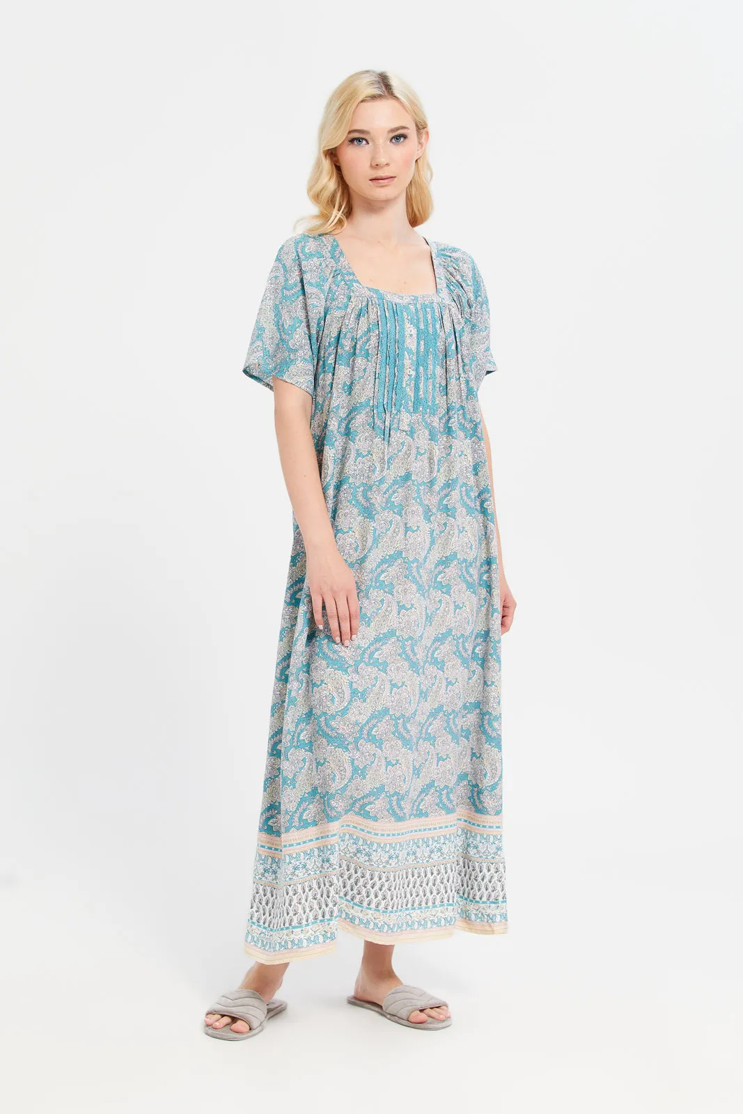 Women Blue Short Sleeve Dobby Lace Nightgown