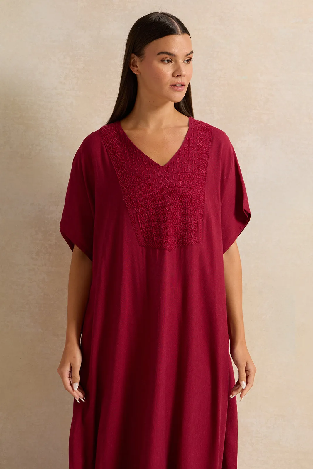 Women Burgundy Embroidery Kaftan Nightgown