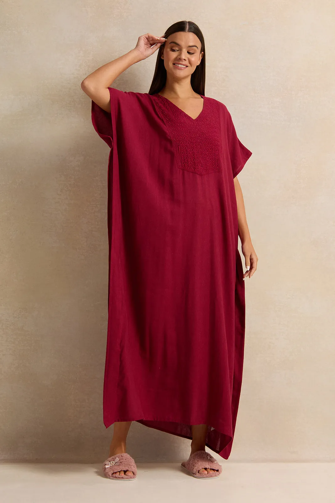 Women Burgundy Embroidery Kaftan Nightgown