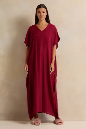 Women Burgundy Embroidery Kaftan Nightgown